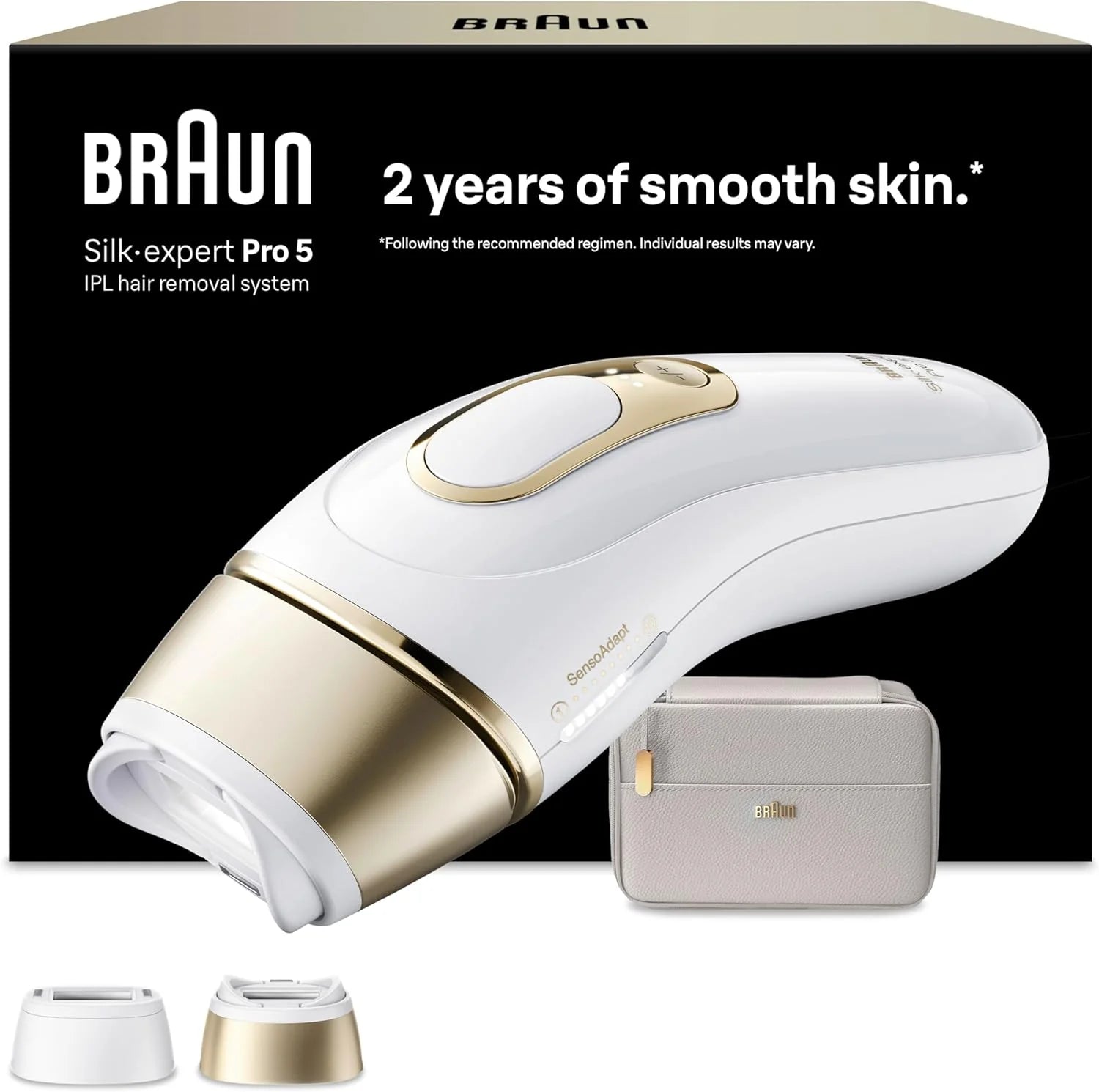 Braun IPL Smart Silk·expert Pro 5, Laserowe Usuwanie Owłosienia w Domu, Trwała Depilacja, Z Saszetką, 2 Nasadkami, PL5210