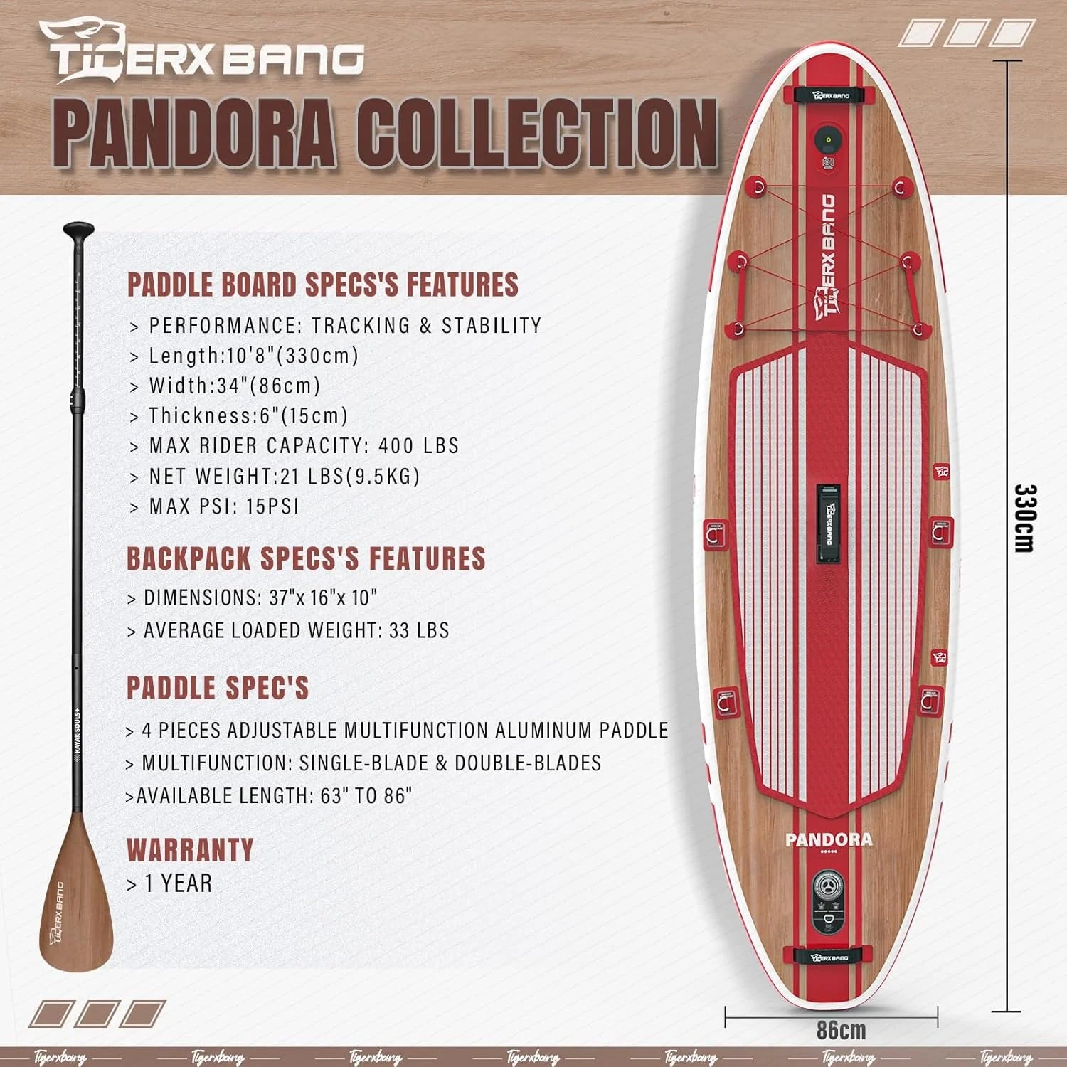 TIGERXBANG Deska SUP, deska do paddlingu, 10'8, 330 x 86 x 15 cm, z kompletnym nadmuchiwanym akcesoriami klasy premium, bardzo szerokie deski do wiosłowania dla dorosłych i dzieci, kolekcja Pandora