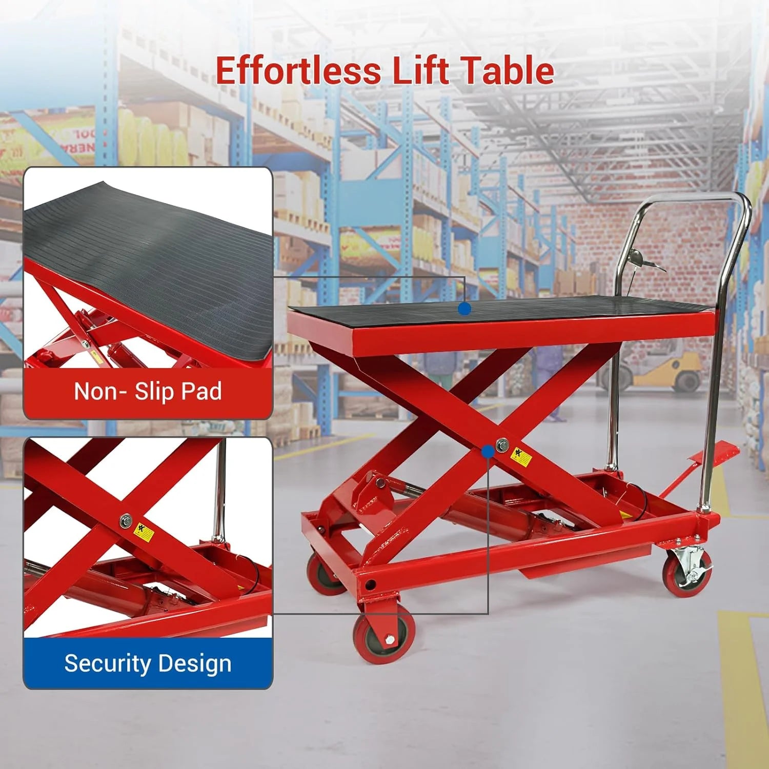 660LBS Hydraulic Lift Table Cart – 31 Lift Height, Double Scissor Design with 4 Wheels & Non-Slip Pad for Material Handling