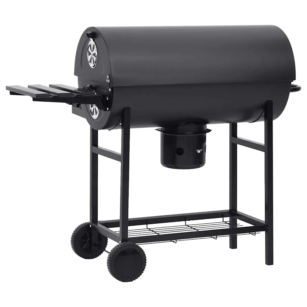 2026 Grill z kółkami i półkami, czarny, stalowy, 115 x 85 x 95 cm, grill zewnętrzny