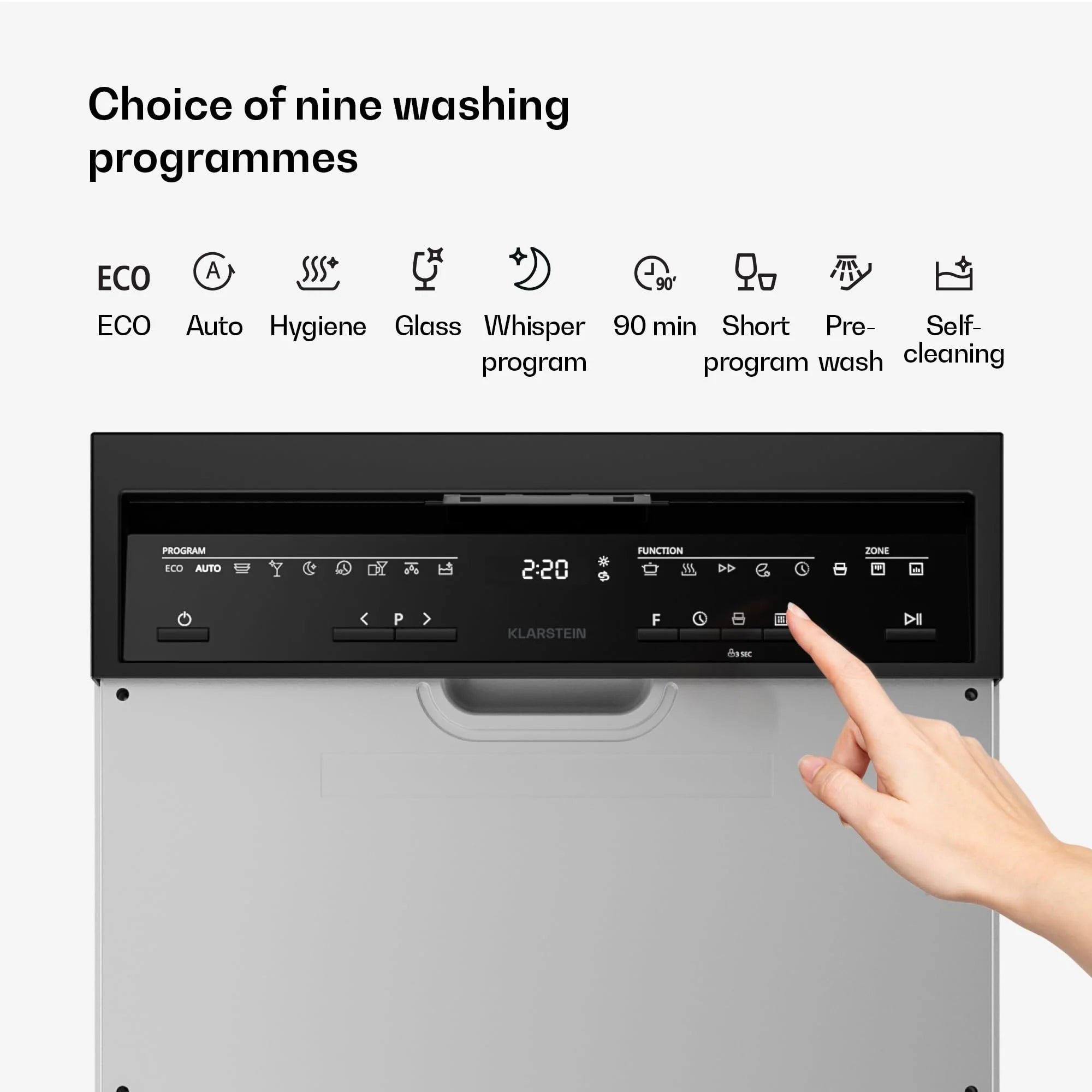 Klarstein Velaire zmywarka do naczyń 45 cm – półzintegrowana, 10 miejsc, 9 programów, 42 dB, klasa energetyczna B, AquaStop, zabezpieczenie przed dziećmi, częściowo zintegrowana zmywarka