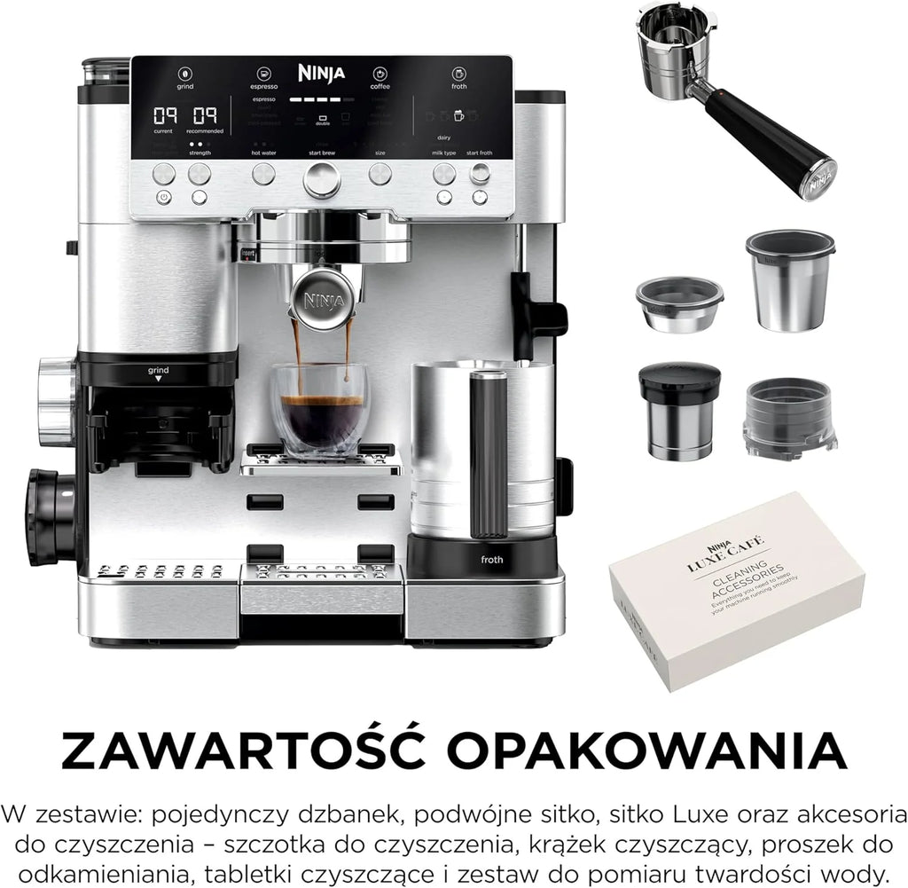 Ninja Luxe Premier Ekspres do kawy 3 w 1, latte, cappuccino, cold brew, espresso, wbudowany młynek i spieniacz do mleka, łatwy w obsłudze, 4 automatyczne ustawienia spieniania, srebrny, ES601EU