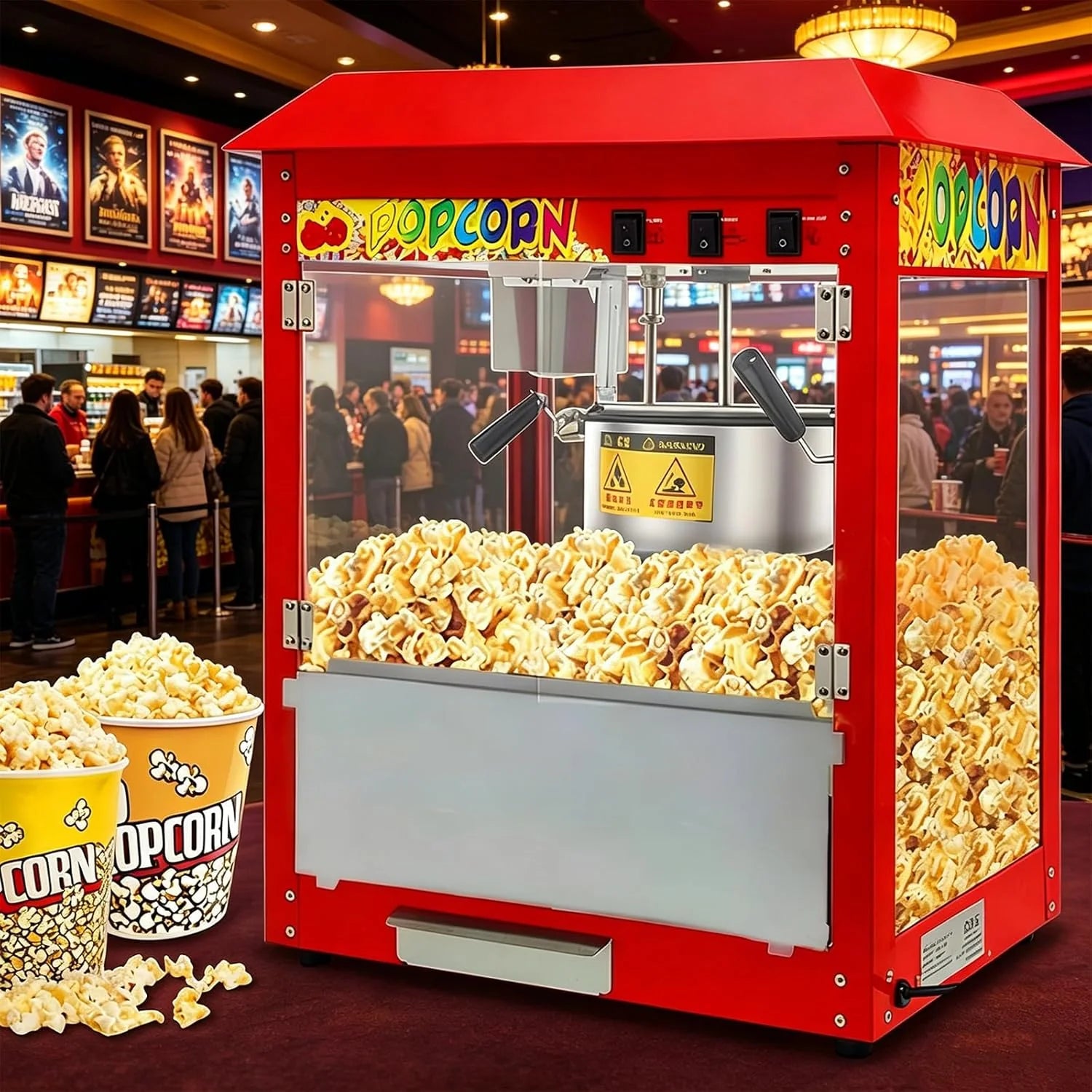 Komercyjna maszyna do popcornu z czajnikiem 10 uncji i podgrzewaną lampką, nablatowa maszyna do popcornu o mocy 1400 W do domu, teatru i firmy, w stylu filmowym z 3-przełącznikami Flat-top