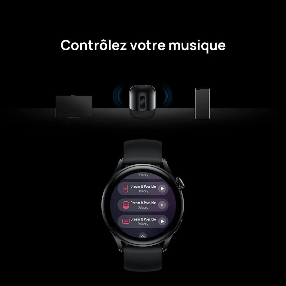 HUAWEI WATCH 3 Connected Watch 4G, Ekran dotykowy AMOLED, Ciągłe śledzenie zdrowia, Połączenia eSIM, GPS, 14 dni autonomii, współpracuje z iOS i Androidem, czarna bransoletka