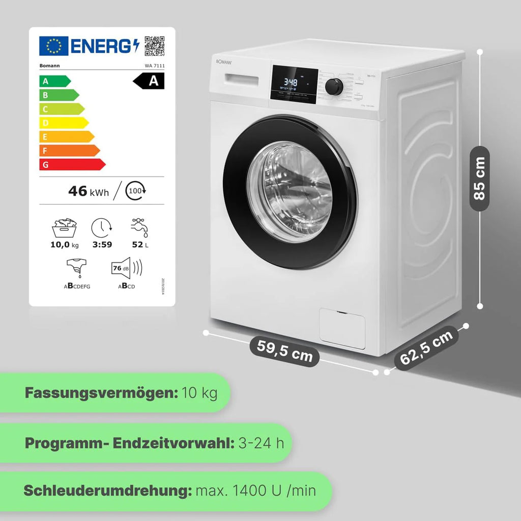 Bomann® Pralka 10 kg | maks. 1400 obr./min | 16 programów | bezszczotkowy silnik DC: wydajny, cichy i trwały | wybór czasu zakończenia | system bezpieczeństwa węża dopływowego | Washing Machine | WA