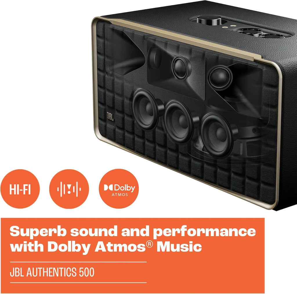 JBL Authentics 300, Głośnik Bezprzewodowy, 8h Odtwarzania, z Wbudowanym Wi-Fi, Bluetooth, Dźwiękiem Stereo i Mocnym Basem, Kompatybilny z Alexa i Google Home, w Stylu Retro