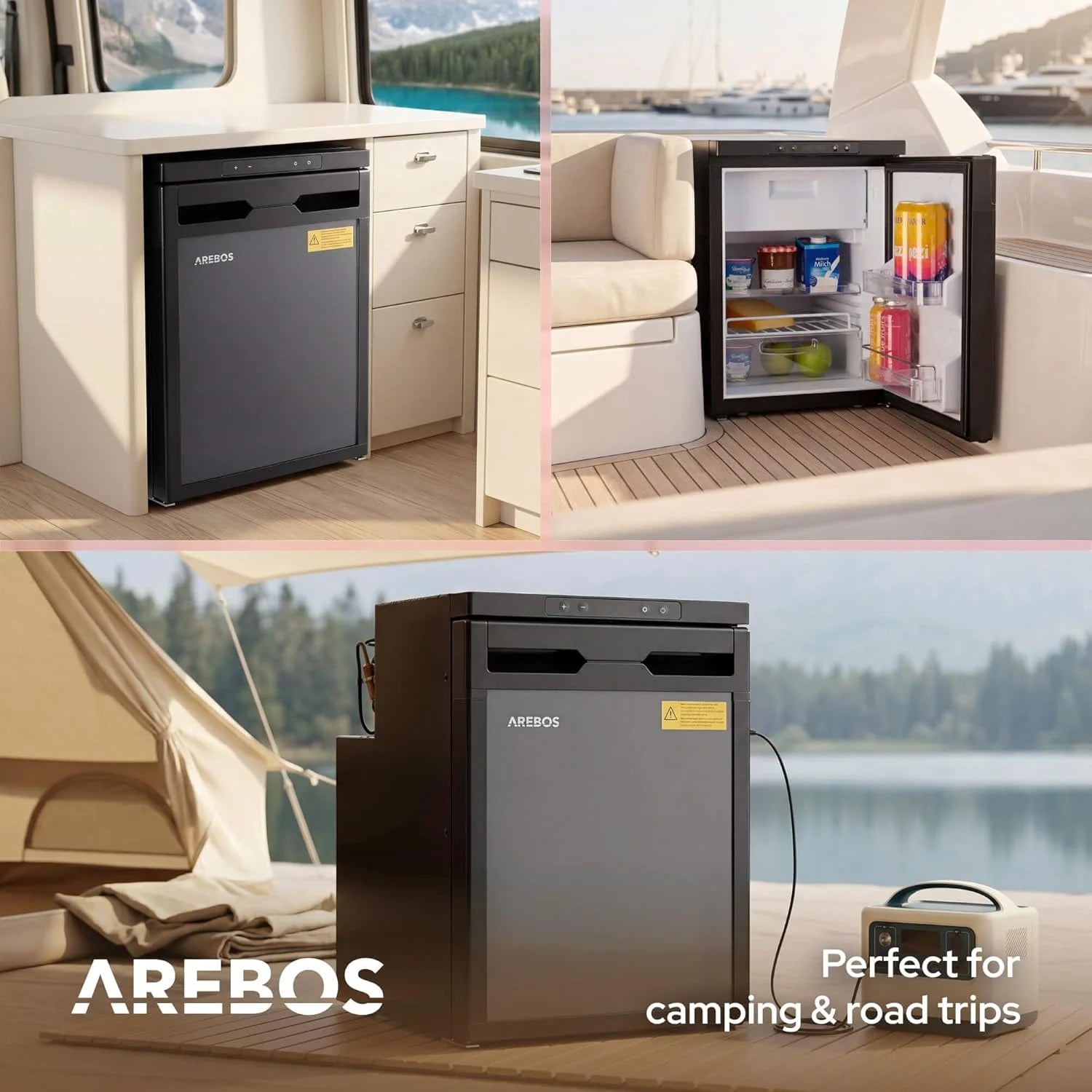 Arebos Lodówka Kompresorowa do Kampera 50L z Zamrażalnikiem | Sterowanie APP | 12V/24V | Chłodzenie do -20°C | Odwracalne Drzwi | Lodówka do Kampera, Auta i Ciężarówki