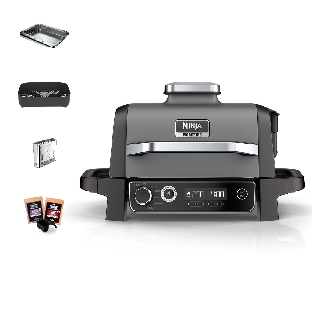 Ninja Woodfire Grill elektryczny, wędzarnia i frytkownica beztłuszczowa, 7 w 1, zewnętrzny, wędzenie, opiekanie, ciasta, odporny na pogodę, nieprzywierający, przenośny, szary/czarny OG701EU