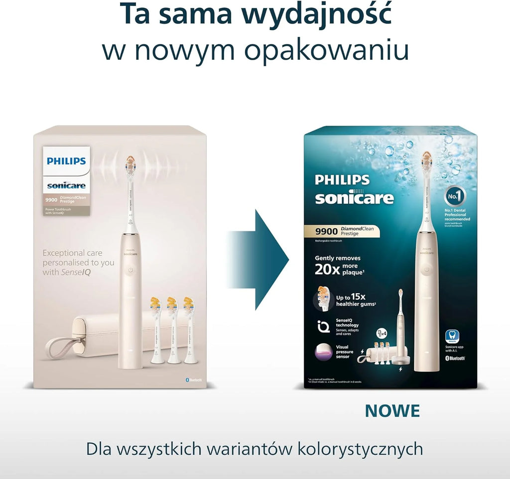 Philips Sonicare DiamondClean 9900 Prestige Elektryczna szczoteczka do zębów z technologią SenseIQ i aplikacją, 5 trybów szczotkowania, etui podróżne do ładowania, kolor ciemnogranatowy, HX9992/45