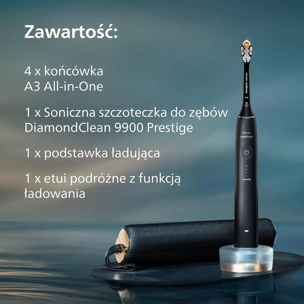 Philips Sonicare DiamondClean 9900 Prestige Elektryczna szczoteczka do zębów z technologią SenseIQ i aplikacją, 5 trybów szczotkowania, etui podróżne do ładowania, kolor ciemnogranatowy, HX9992/45