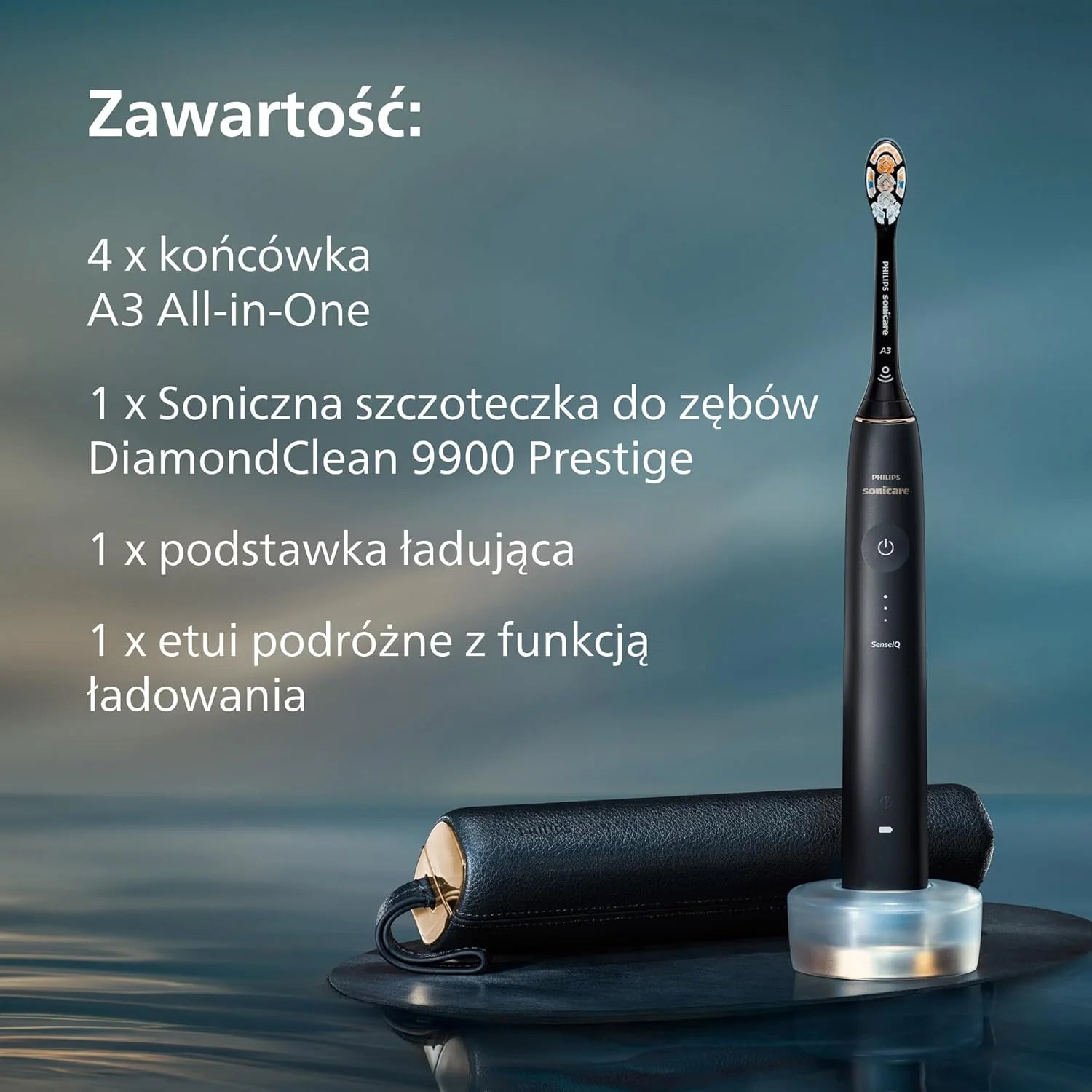Philips Sonicare DiamondClean 9900 Prestige Elektryczna szczoteczka do zębów z technologią SenseIQ i aplikacją, 5 trybów szczotkowania, etui podróżne do ładowania, kolor ciemnogranatowy, HX9992/45