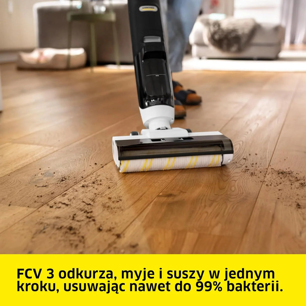 Kärcher bezprzewodowy mop odkurzający FCV 4 Dry Extra, 4 tryby czyszczenia, bateria: ok. 45 min, powierzchnia użytkowa na jedno ładowanie: ok. 200 m², stacja czyszcząca, ładująca i susząca