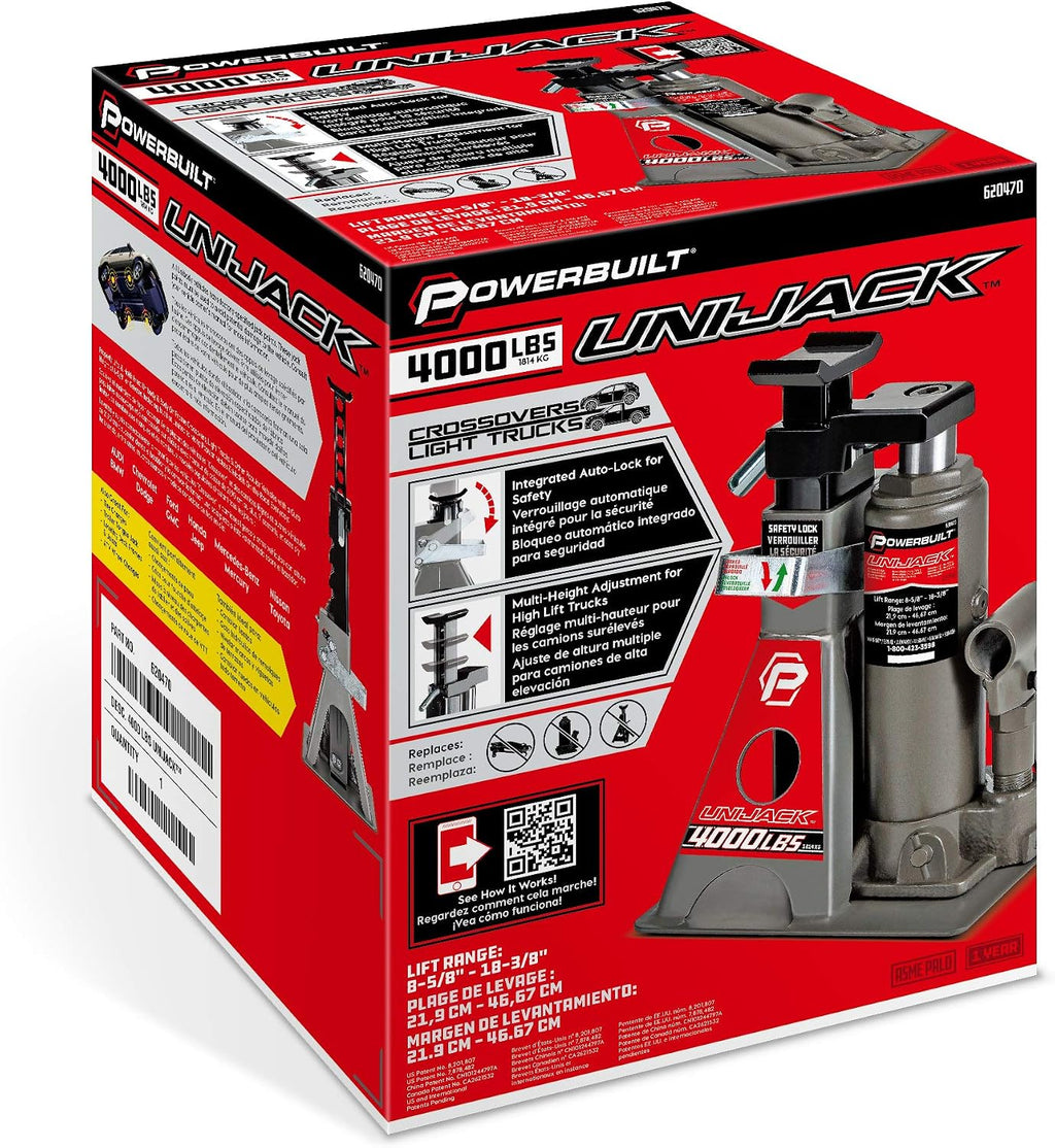 Powerbuilt 2 Ton UniJack Combination Hydraulic Bottle Jack / Jackstand in 1 Unit, Compact, Portable, Wide Base, for Unibody Sedans, CUVs, SUVs, Cars, - 620470