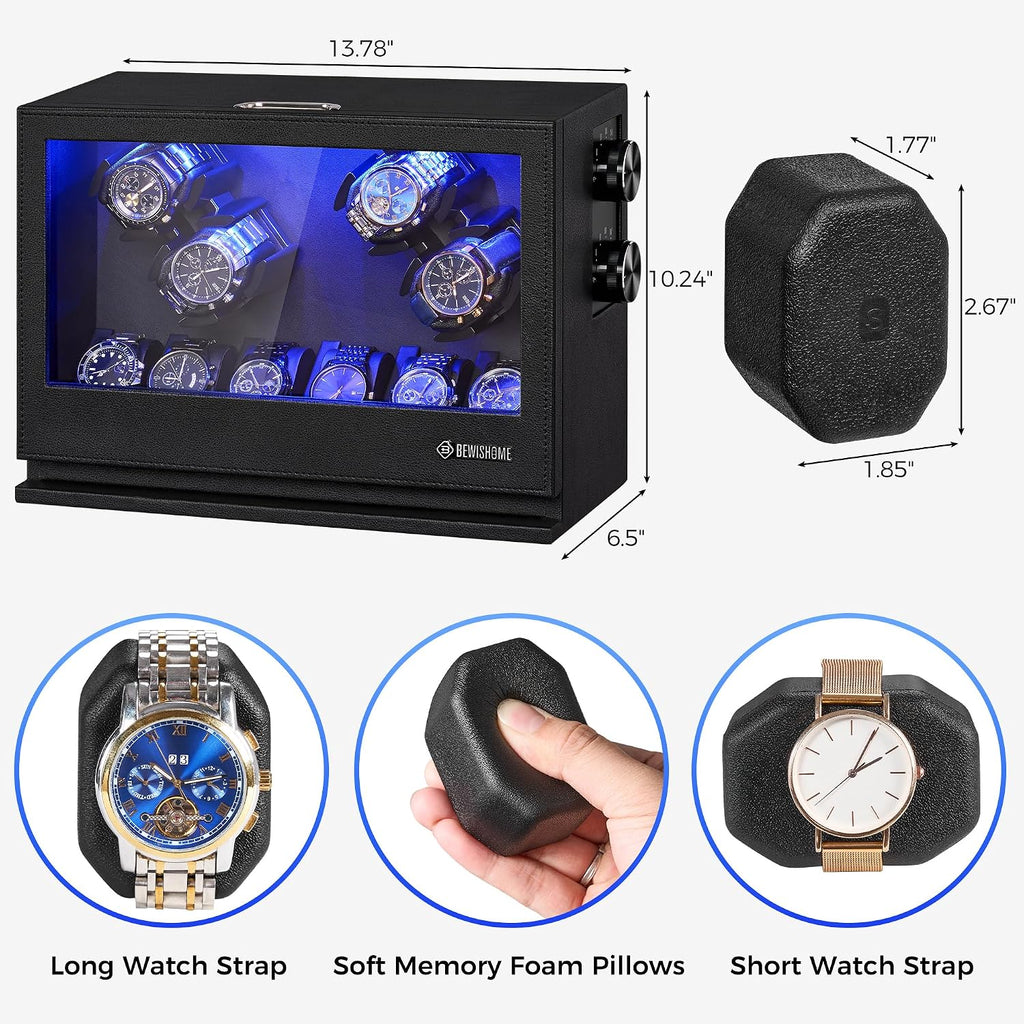 BEWISHOME 4 Watch Winders for Automatic Watches, 6 Display Case LED 4 Modes
