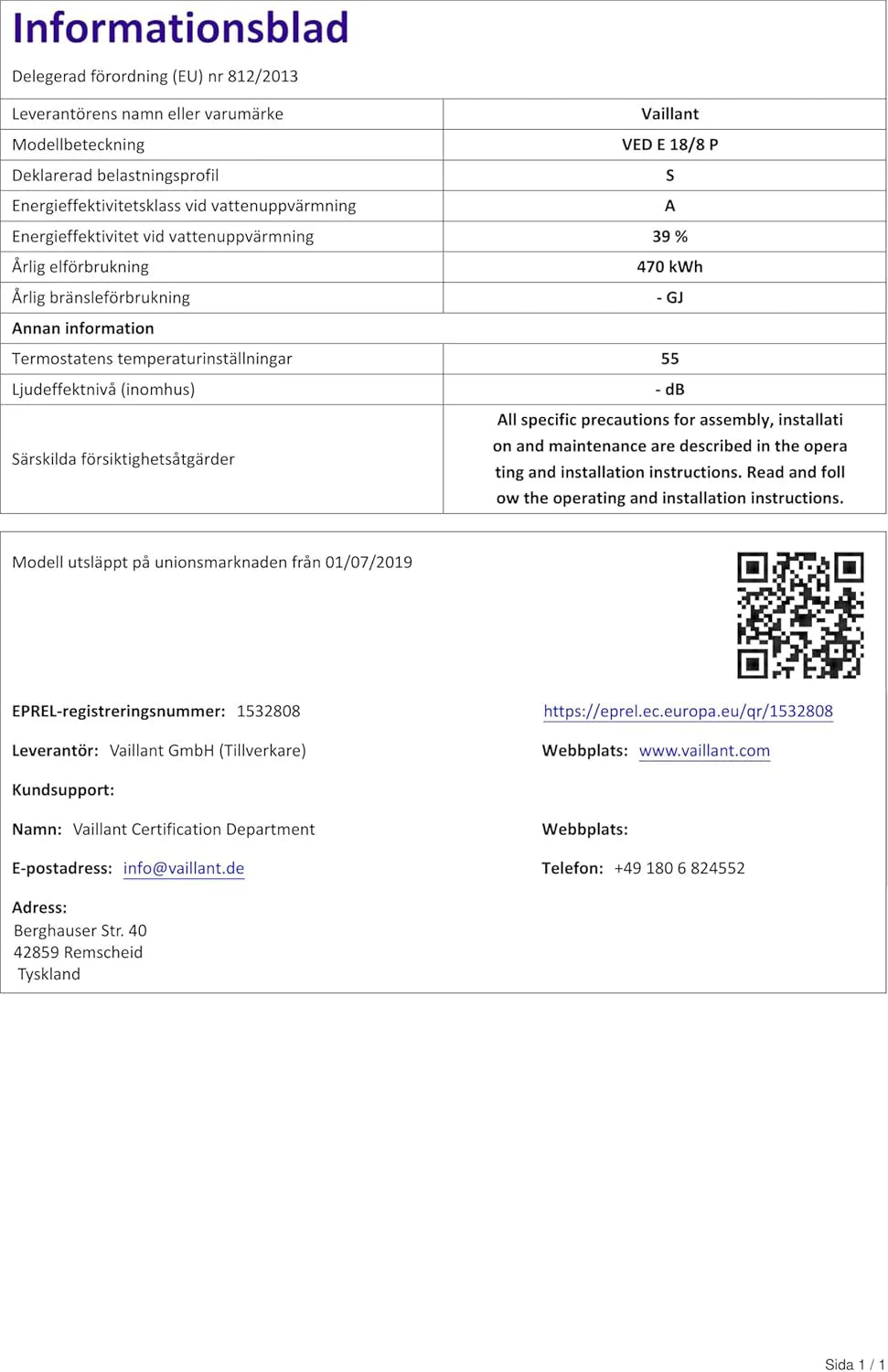 Vaillant Elektroniczny podgrzewacz wody, VED plus 18/8, odporny na ciśnienie, 18 kW, 400 V, dokładna temperatura wypływu, bezstopniowa regulacja, wyświetlacz graficzny, 0010023766, [klasa energetyczna