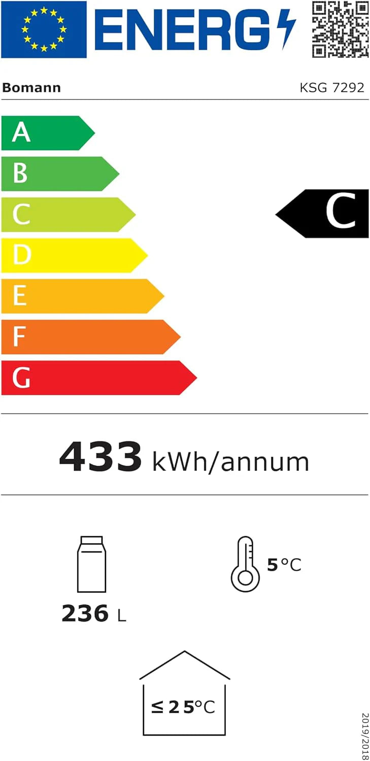 Lodówka Bomann® z drzwiami szklanymi, Klasa energetyczna C, 143 cm, Lodówka na napoje 2-12°C, MultiAirflow, 5 półek drucianych, Odwracalny zawias drzwi, 236 l, Chłodziarka na butelki, KSG 7292, biała
