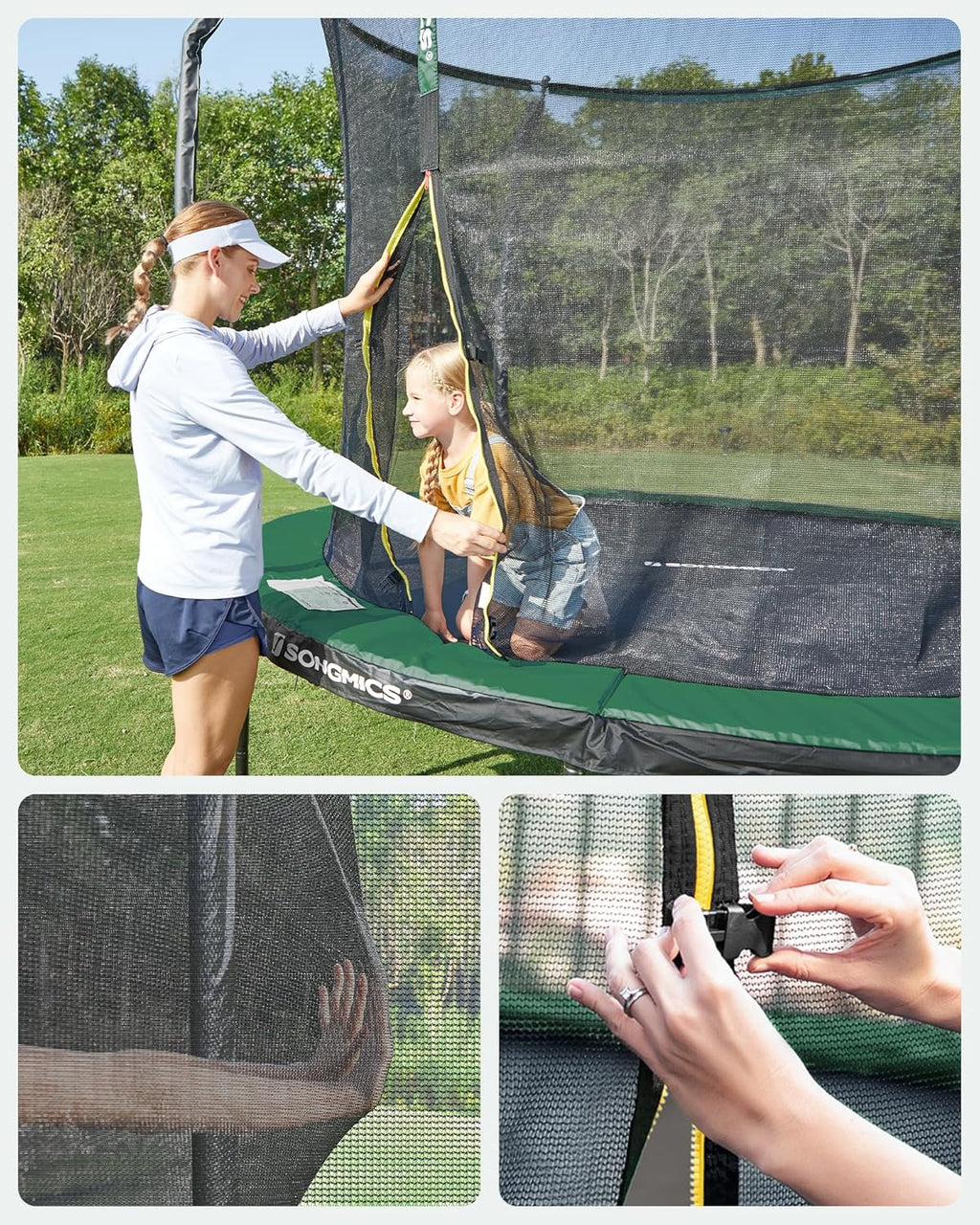 SONGMICS Trampolina Ø 244/305/366/427 cm, certyfikat TÜV Rheinland GS, okrągła trampolina ogrodowa z siatką zabezpieczającą i drabinką, wyściełany stelaż, dla dzieci i dorosłych