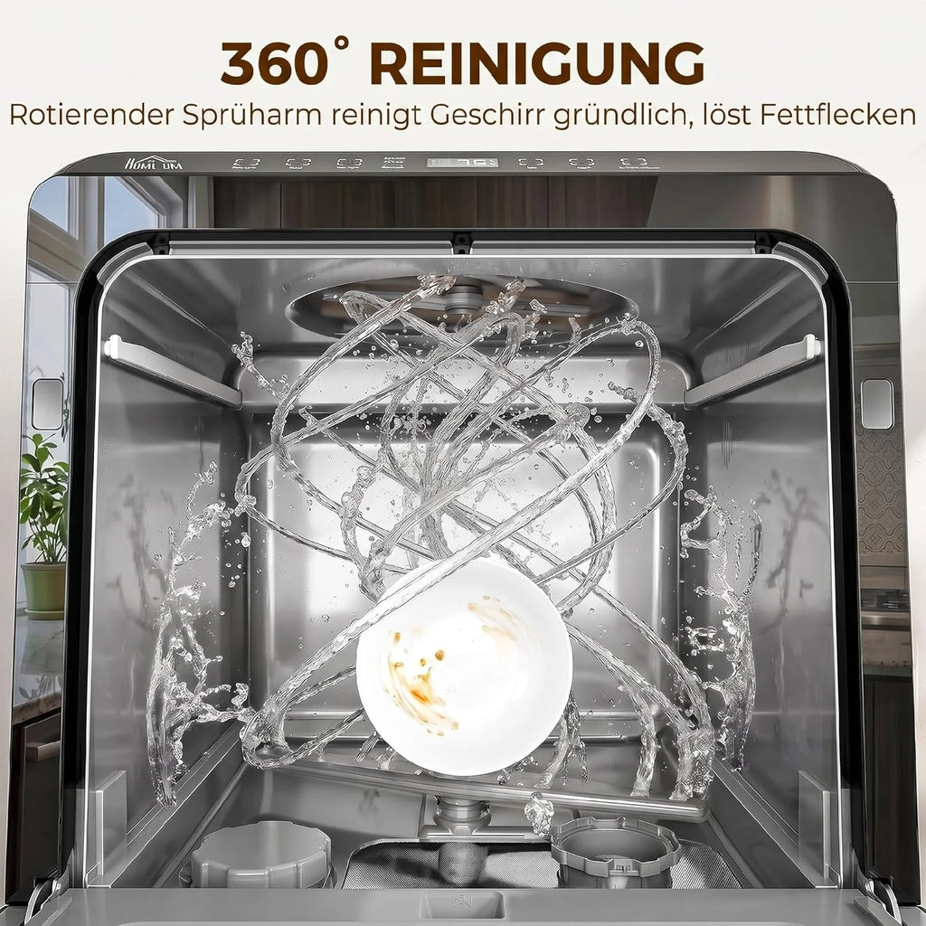 HOMCOM Zmywarka do naczyń, mini zmywarka do naczyń z wbudowanym 6-litrowym zbiornikiem na wodę, 5 programów, sterowanie dotykowe, wyświetlacz LED, 4 nakrycia, podwójne zaopatrzenie w wodę i funkcja