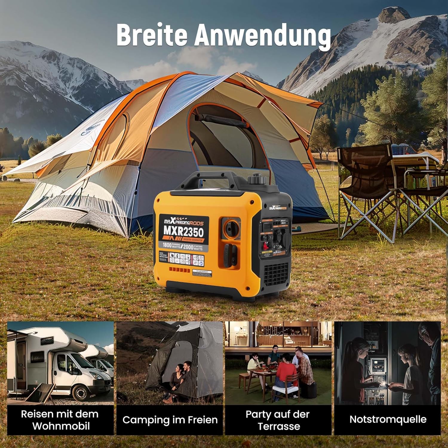 maXpeedingrods Inwerterowy generator prądu, 2000 W, benzynowy, 4-suwowy, z gniazdem USB i gniazdami 230 V, cyfrowy wyświetlacz, kompaktowy i lekki, na kemping, do podróży na świeżym powietrzu, kampera