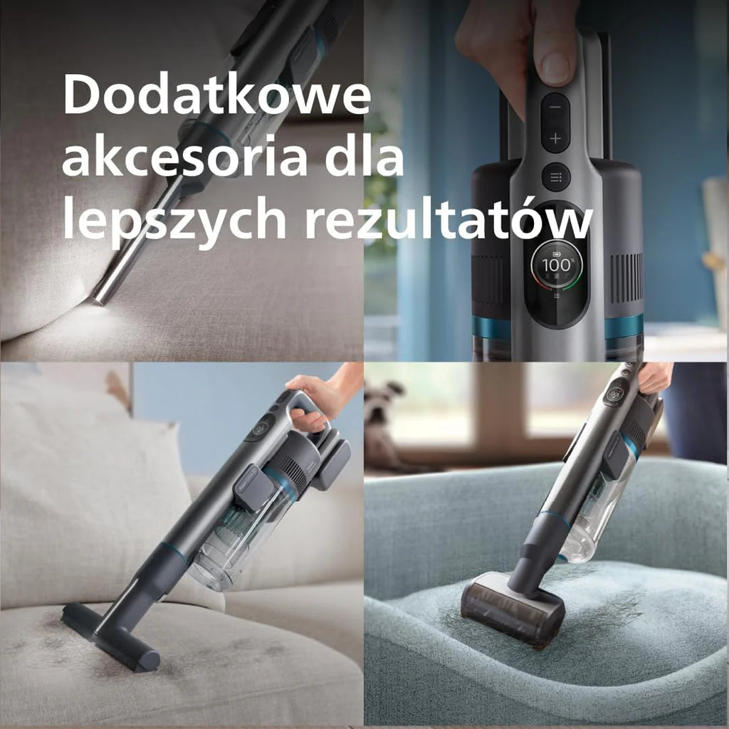 Philips Bezprzewodowy Odkurzacz Serii 8000 Pet, Wysoka moc ssania, 80 Min Czas Pracy, Rozpoznawanie Podłóg, Wyświetlacz Inteligentny, Nasadki z LED, Nasadka Pet&AquaPlus (XC8055/01)
