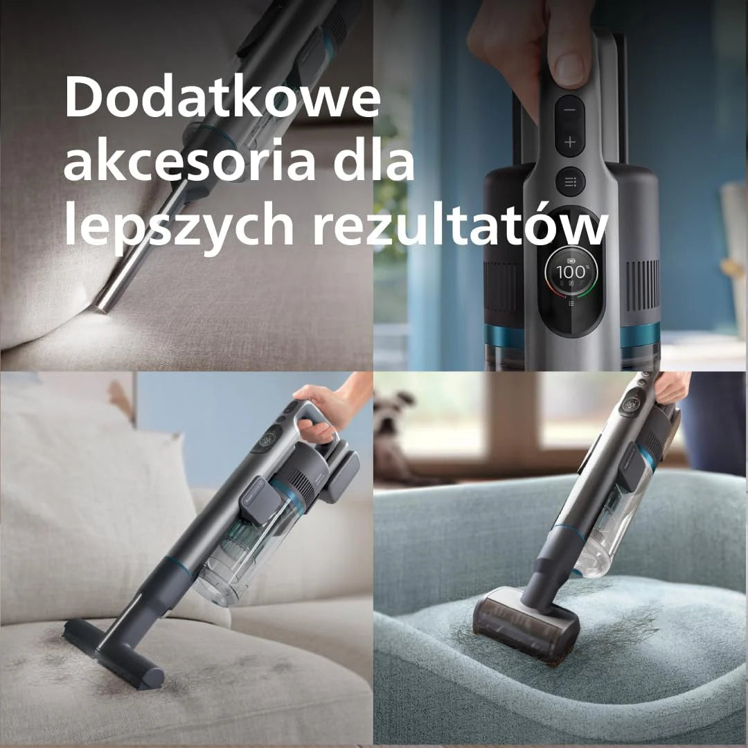 Philips Bezprzewodowy Odkurzacz Serii 8000 Pet, Wysoka moc ssania, 80 Min Czas Pracy, Rozpoznawanie Podłóg, Wyświetlacz Inteligentny, Nasadki z LED, Nasadka Pet&AquaPlus (XC8055/01)