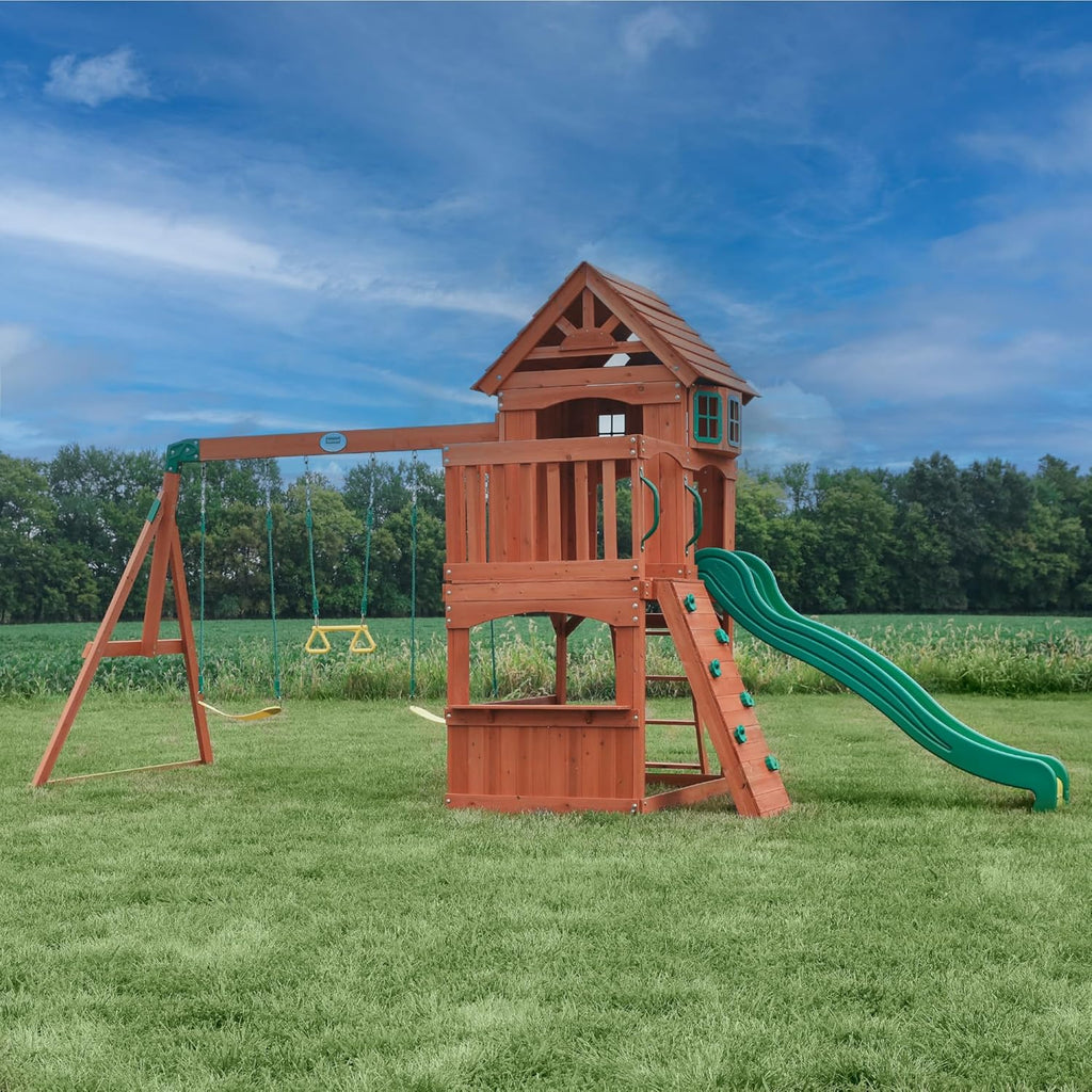 Backyard Discovery Atlantic Plac Zabaw Domek/wieza do zabawy w komplecie | Zawiera hustawki/zjezdzalnie/piaskownice/scianke wspinaczkowa