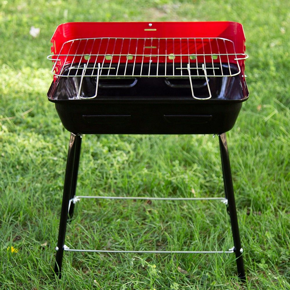 Przenośny grill węglowy z osłoną przeciwwiatrową i regulacją wysokości, 42 x 42 x 54 cm – stal. Czarno-czerwony