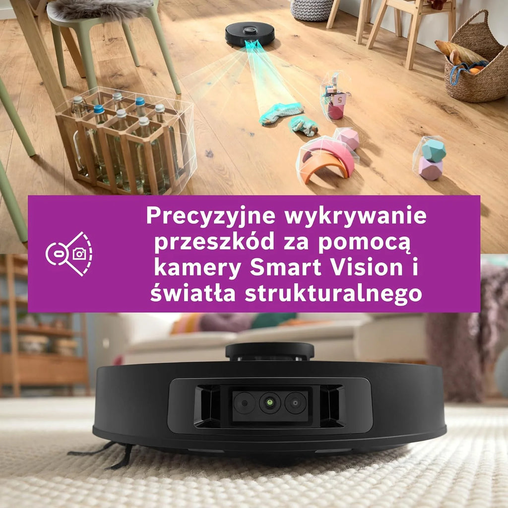 Bosch Spotless Max Robot sprzątający z funkcją mopowania, moc ssania 11 000 Pa, wysuwana nakładka mopującą, stacja czyszczącą, nawigacją Smart Vision, aplikacja Bosch Home Connect, BCRDW3B, czarny