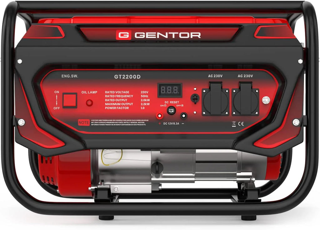 GENTOR generator prądu awaryjnego benzyna cichy 2200 Watt 7.0HP, generatory prądu 4-suwowy silnik benzynowy, 2x 230V, 1x 12V, pull-start, dla kempingu, na zewnątrz, warsztat, dom