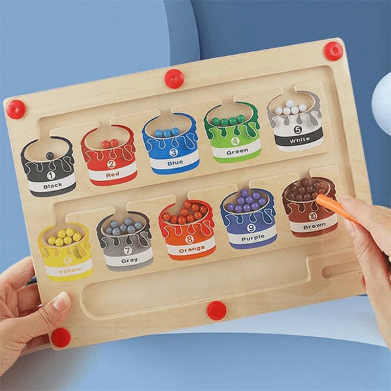 Magnetic Number Maze – Wooden Color Sorting Puzzle Board for Kids 2–4