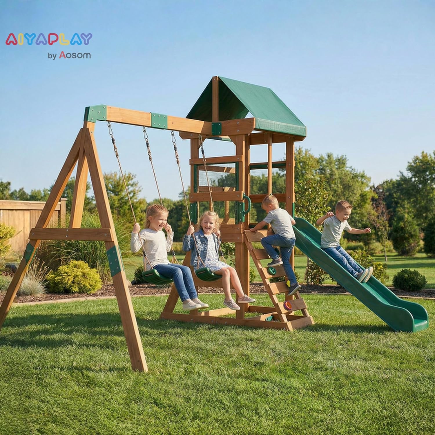 AIYAPLAY Wieża zabaw z huśtawkami, zjeżdżalnią 194,5 cm, ścianą wspinaczkową, zadaszoną platformą drewnianą dla dzieci 3-8 lat 315x284x233 cm