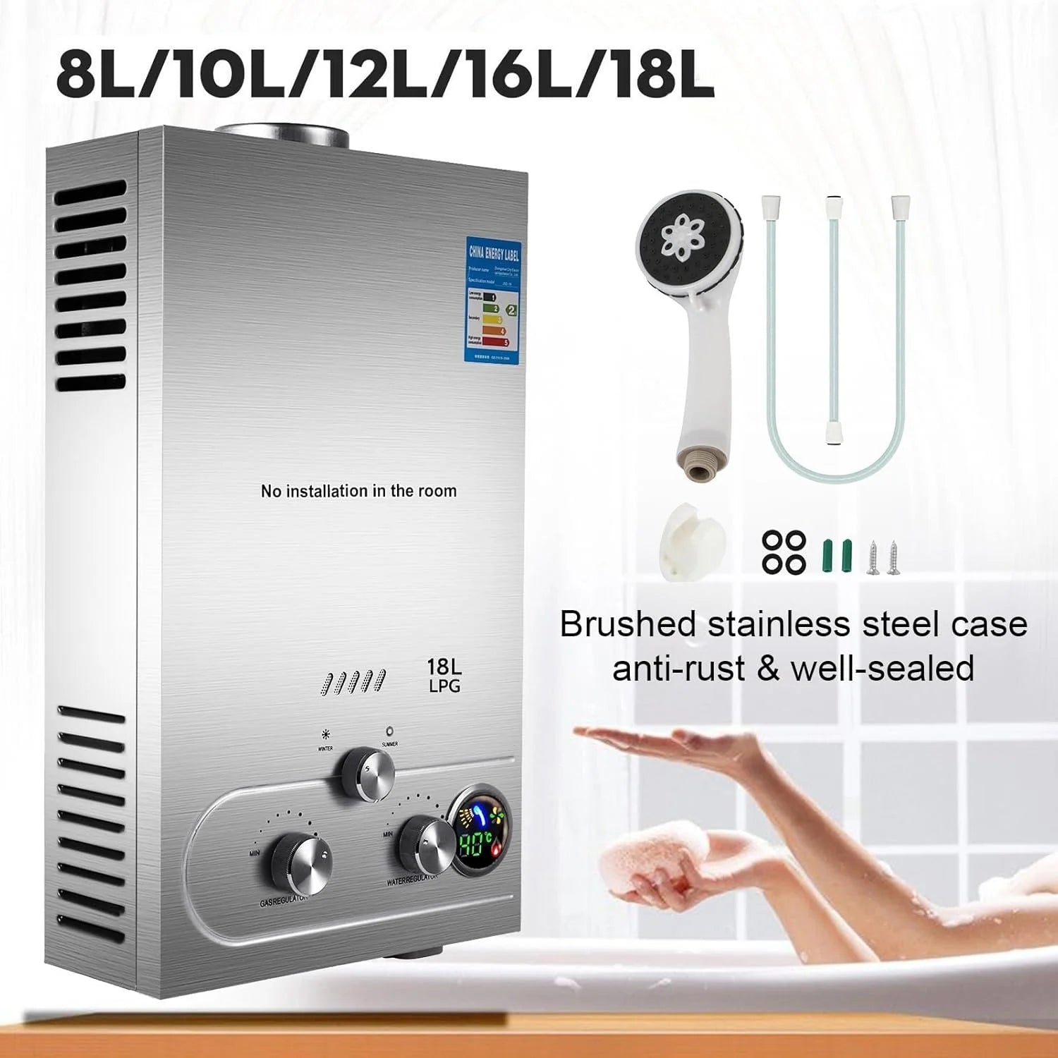 Podgrzewacz wody LPG 6L 8L 10L 12L 16L 18L LPG skroplony gaz ropopochodny propan butan podgrzewacz wody zestaw kotła ze stali nierdzewnej(6L liquefied/natural gas)