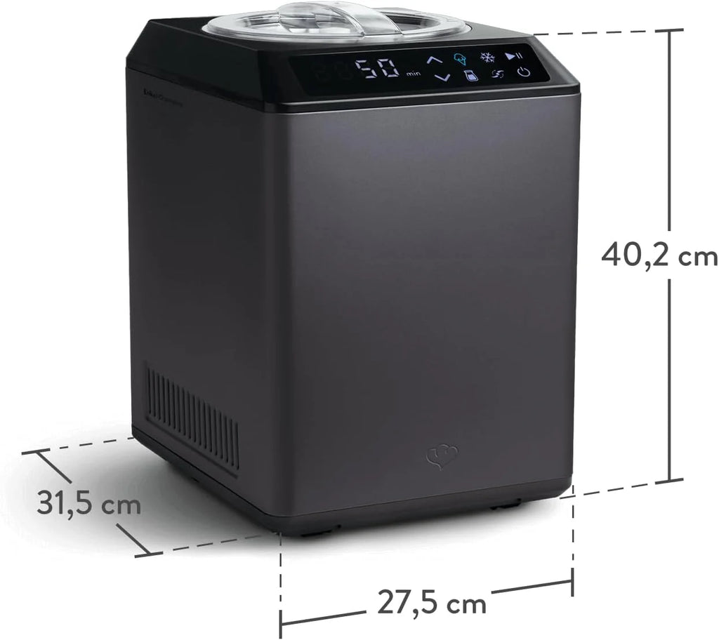 Maszyna do lodów i jogurtu Erika 2,5 l z samochłodzącym kompresorem 250 W, maszyna do lodów ze stali szlachetnej z funkcją chłodzenia i ogrzewania, w zestawie zeszyt z przepisami + 2 pojemniki do przechowywania
