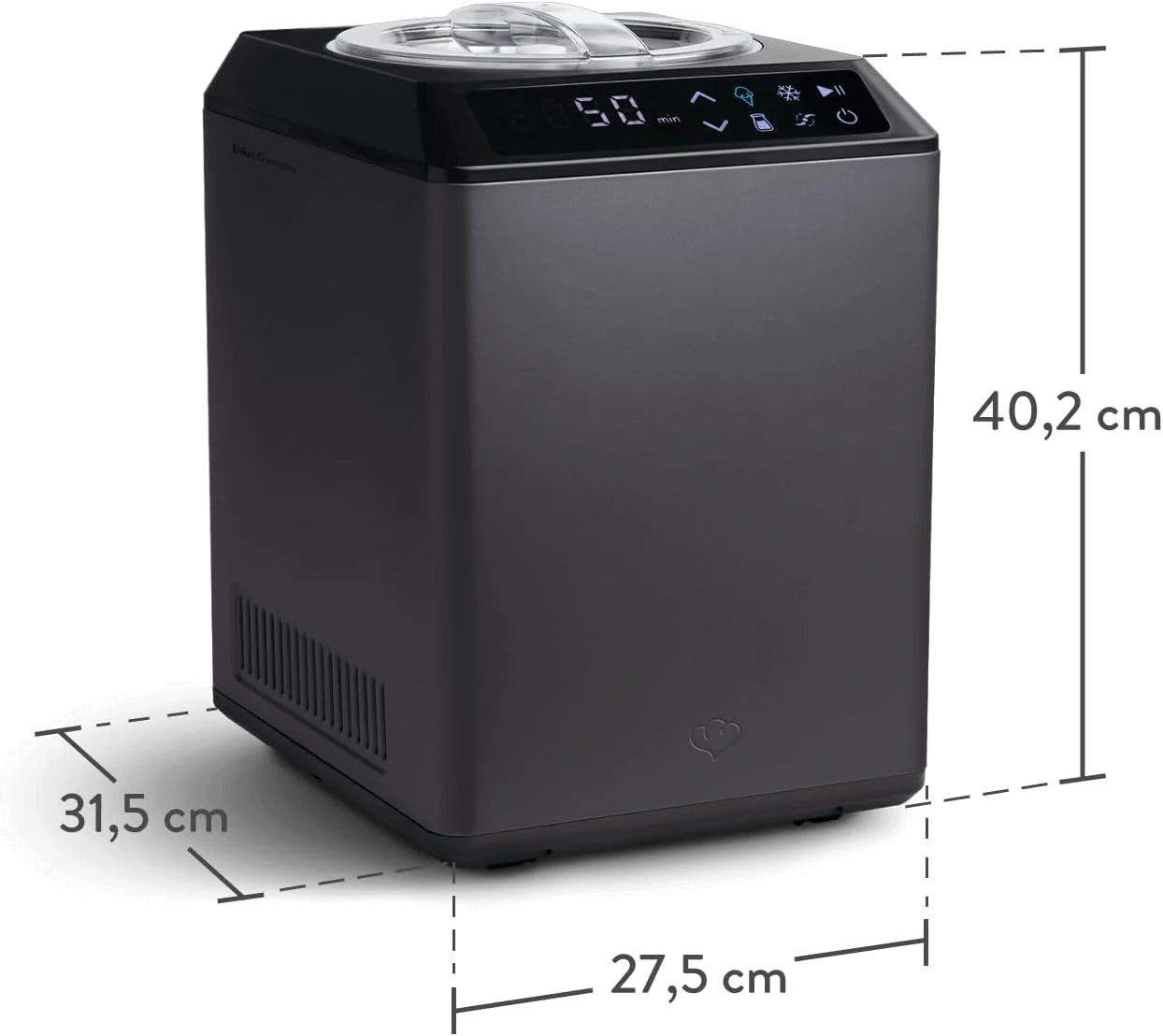 Maszyna do lodów i jogurtu Erika 2,5 l z samochłodzącym kompresorem 250 W, maszyna do lodów ze stali szlachetnej z funkcją chłodzenia i ogrzewania, w zestawie zeszyt z przepisami + 2 pojemniki do przechowywania