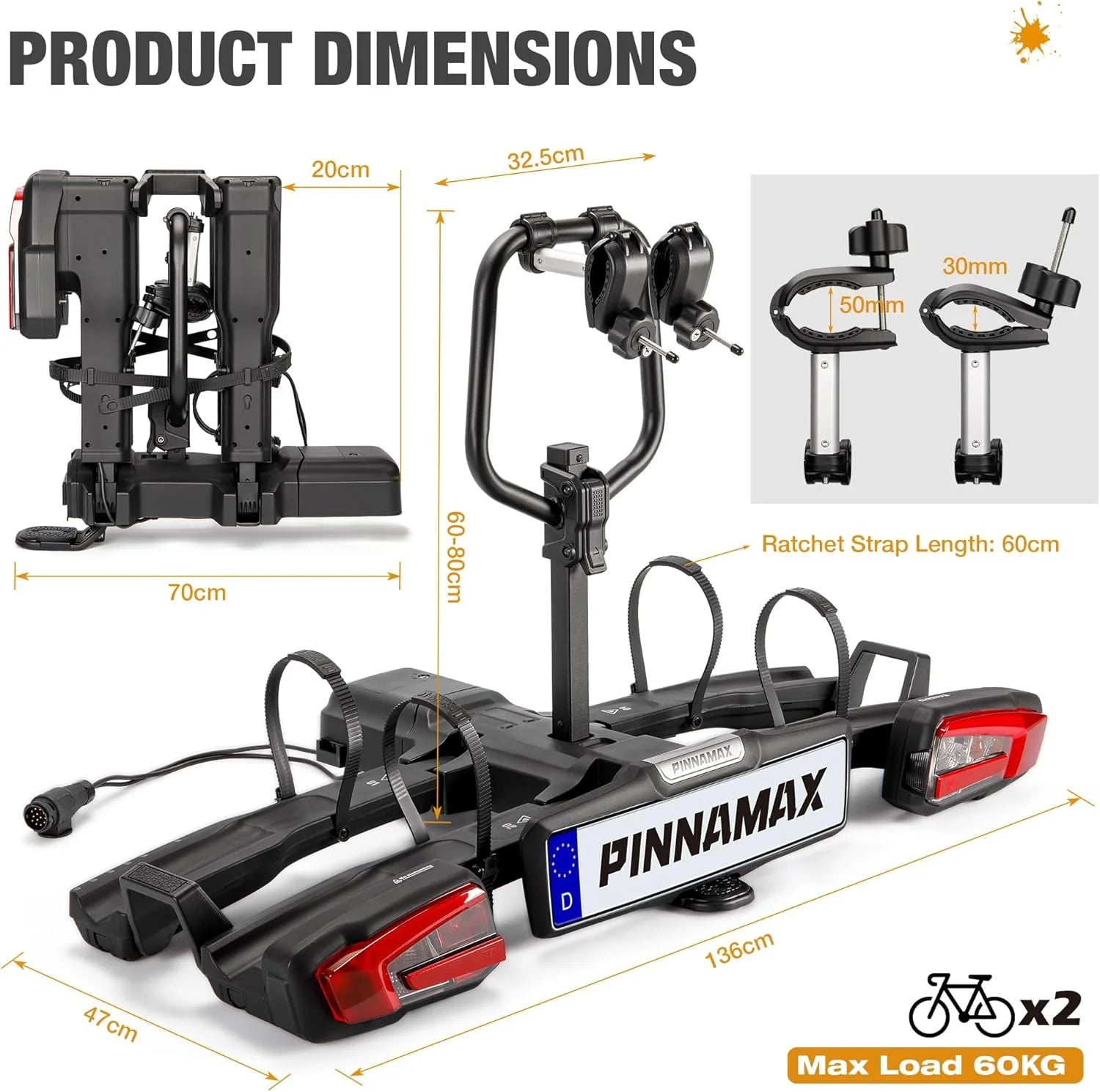 EBike Bagażnik rowerowy na 2 rowery - Składany i obrotowy bagażnik tylny na hak holowniczy do 60 kg - Bagażnik rowerowy z ochroną przed kradzieżą, tylnym światłem i uchwytem na tablicę