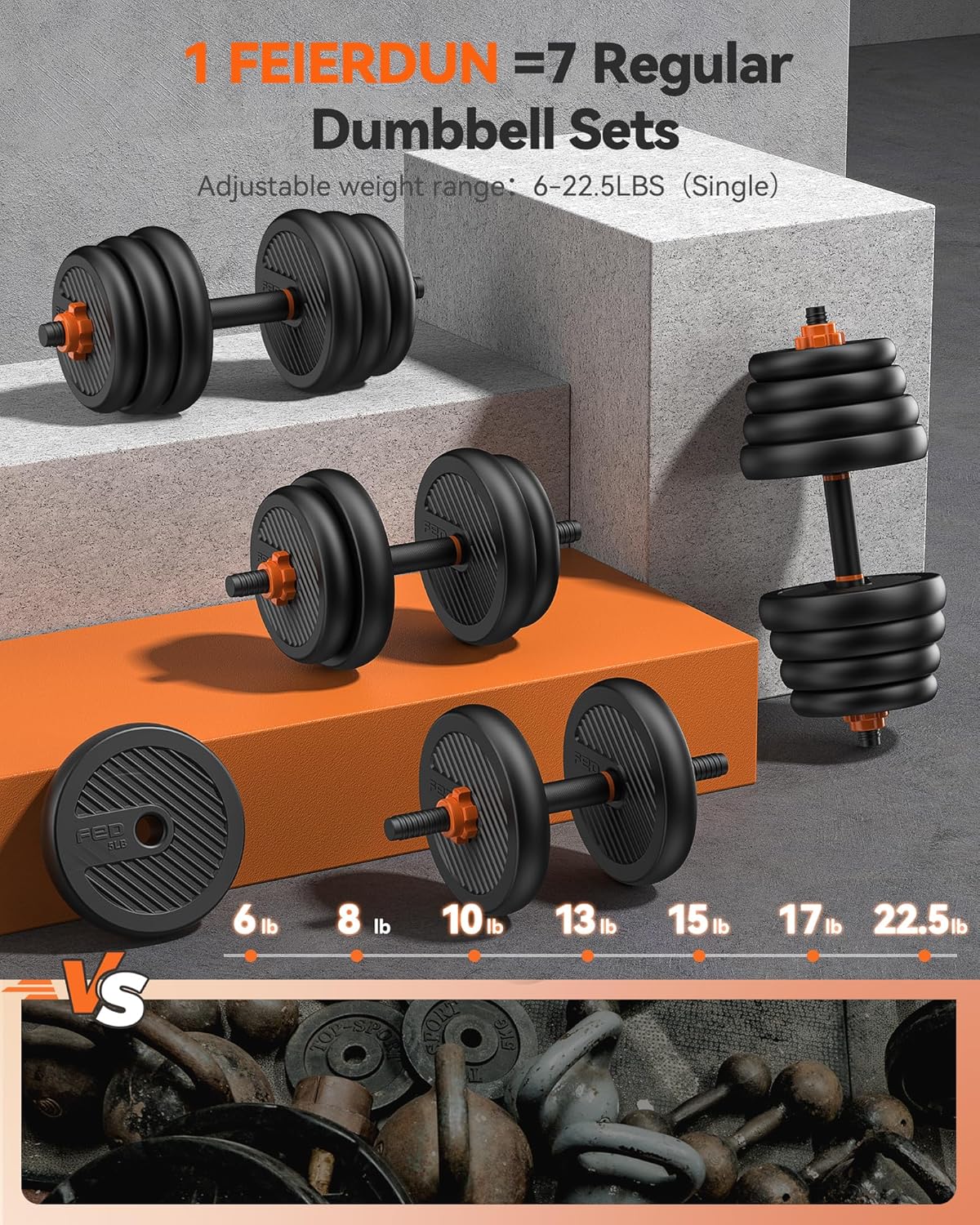 FEIERDUN Regulowane hantle, zestaw hantli o wadze 18 kg ze złączem, zestaw hantli 4 w 1, używany jako sztanga, kettlebell, stojak push-up, ćwiczenia fitness do domowej siłowni odpowiednie dla