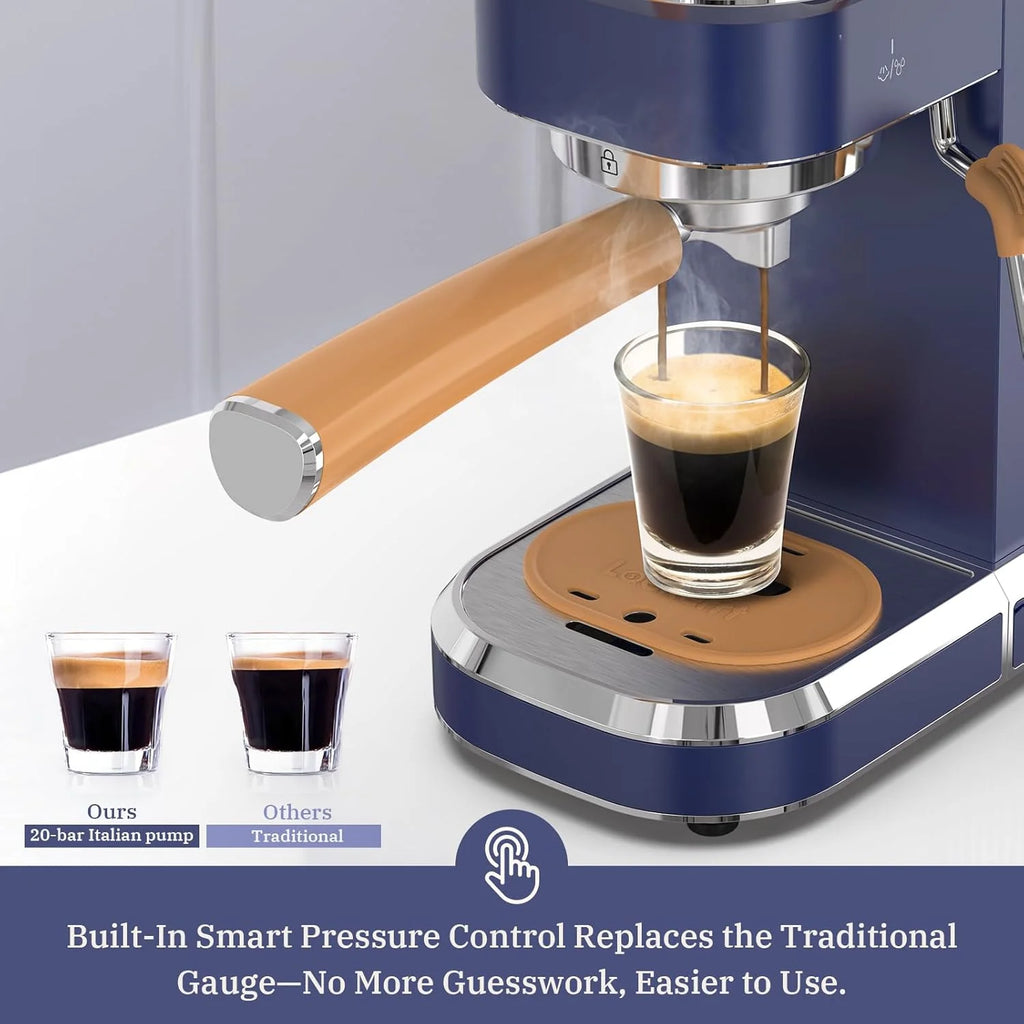 Laekerrt CMEP01 ekspres do kawy z 20 barami, ze spieniaczem do mleka, domowy ekspres do kawy Expresso do cappuccino i latte (granatowy, stal nierdzewna), prezent dla miłośników kawy, ojca