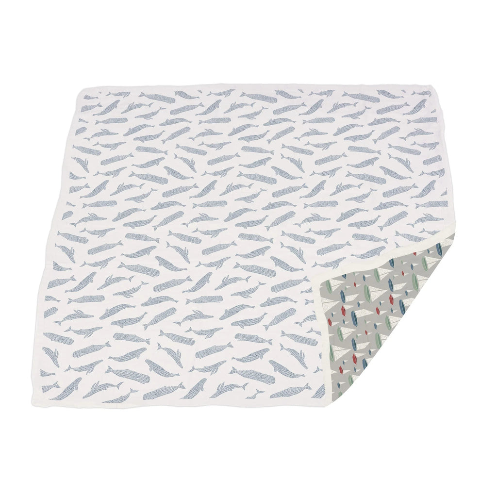 Blue Shadow Whales and Marina Sailboats Bamboo Blanket