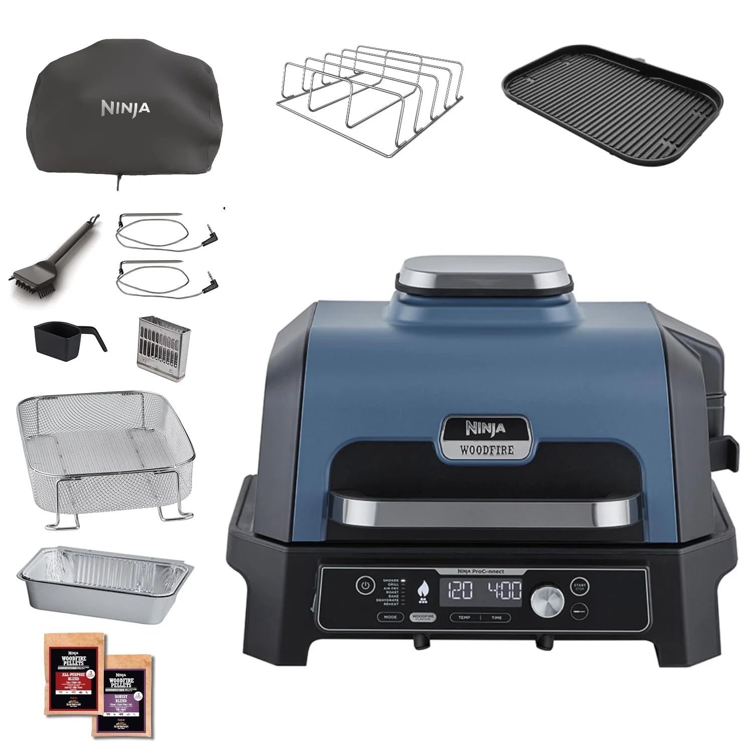 Ninja Woodfire Grill elektryczny, wędzarnia i frytkownica beztłuszczowa, 7 w 1, zewnętrzny, wędzenie, opiekanie, ciasta, odporny na pogodę, nieprzywierający, przenośny, szary/czarny OG701EU