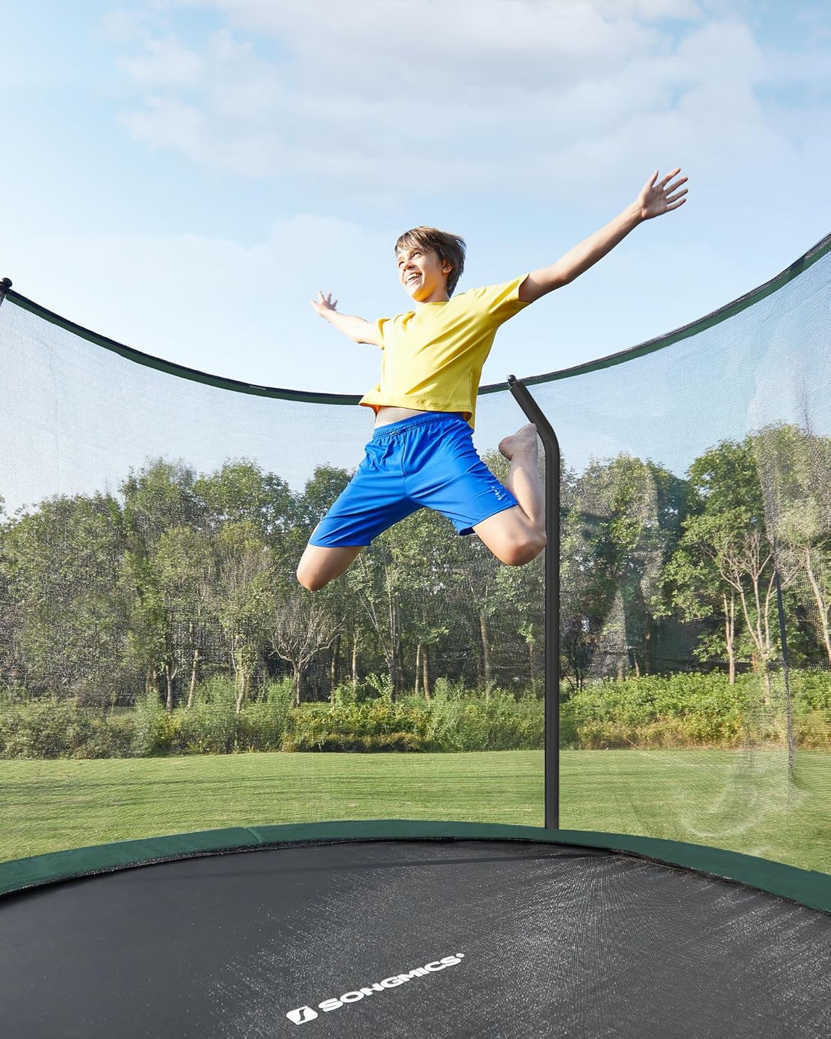 SONGMICS Trampolina Ø 244/305/366/427 cm, certyfikat TÜV Rheinland GS, okrągła trampolina ogrodowa z siatką zabezpieczającą i drabinką, wyściełany stelaż, dla dzieci i dorosłych
