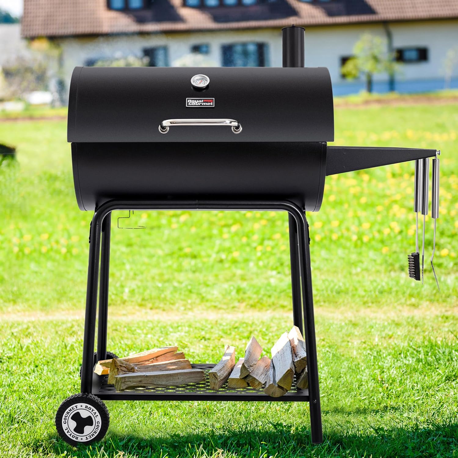 2026 Royal Gourmet CC1830 30-calowy grill węglowy ze stolikiem bocznym, grill zewnętrzny o powierzchni do gotowania 627 cali kwadratowych do ogrodu, na patio i na imprezy, czarny