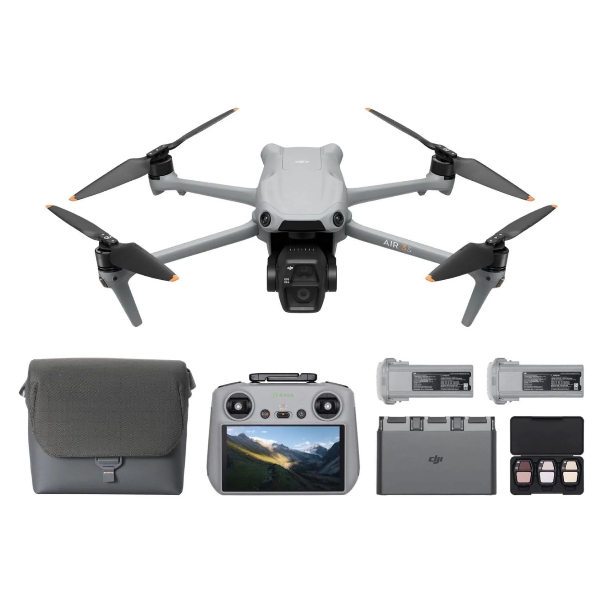 DJI Air 3S (RC-N3), dron z kamerą 4K, dron z podwójną kamerą, szerokokątną kamerą CMOS 1, wideo 4K/60 kl./s HDR i zakresem dynamiki 14 przysłon, maksymalny czas lotu 45 min