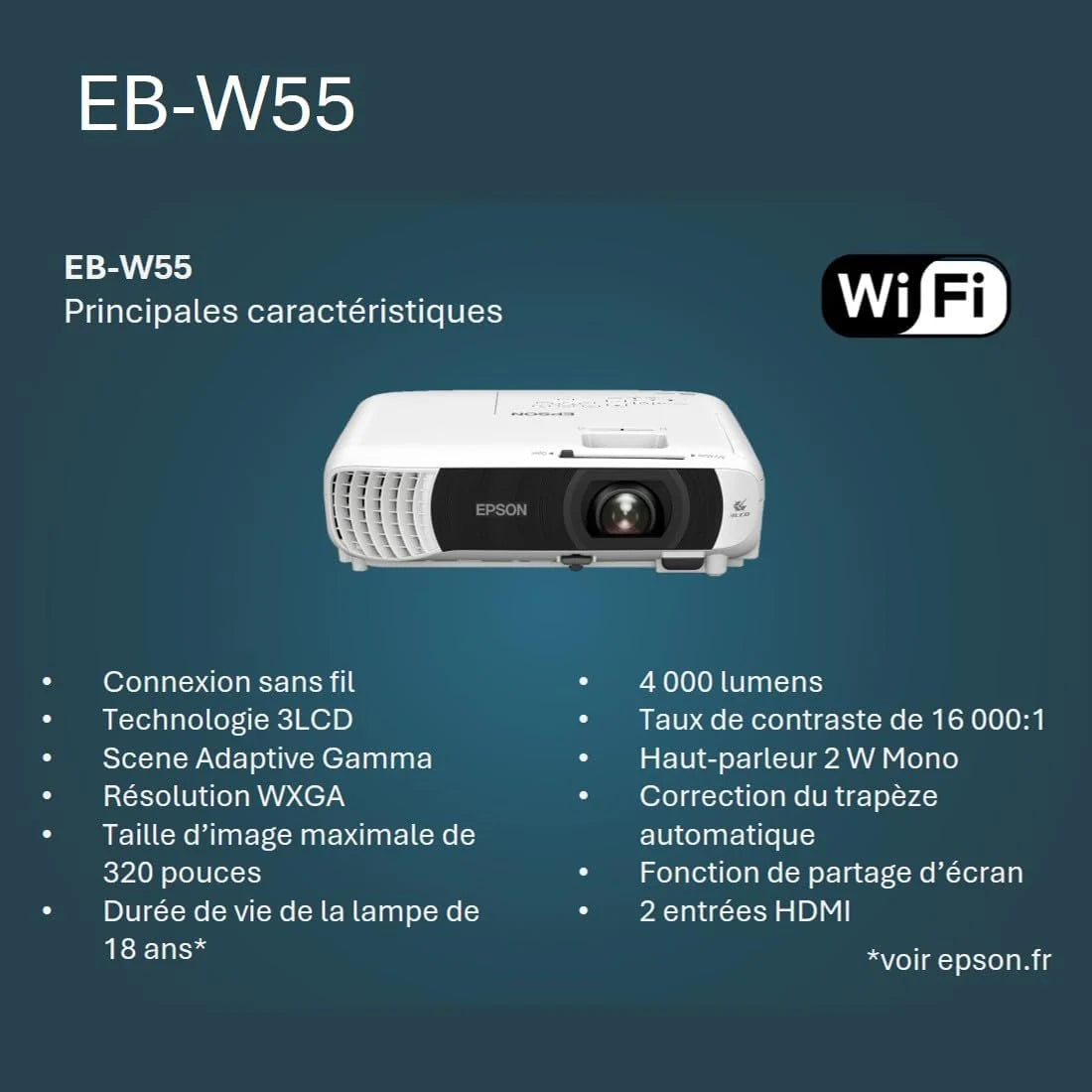 EPSON EB-W55 projektor 3LCD HD-Ready (4000 lumenów, 16:10, rozdzielczość WXGA (1280 x 800 pikseli), WiFi, HDMI, biały