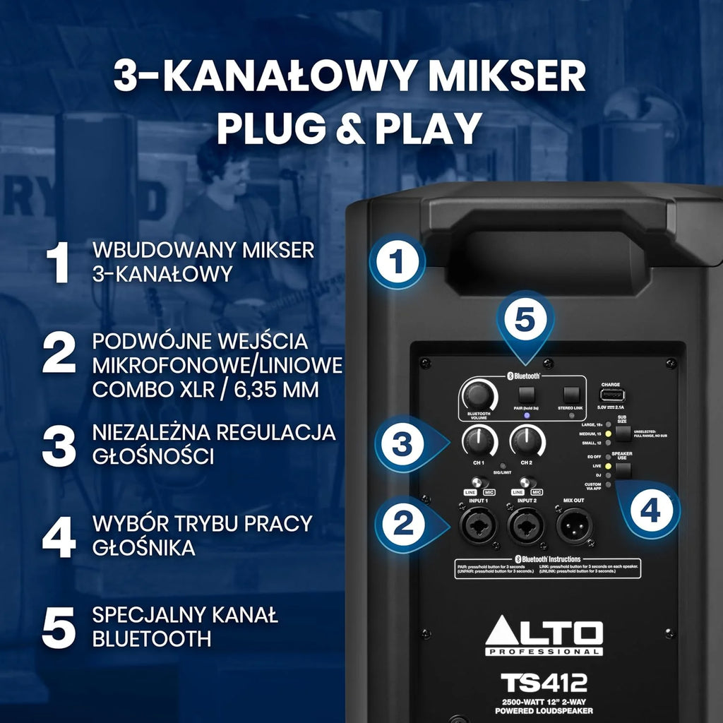 ALTO TS410 Aktywny Głośnik PA 2000W 10 z 3-Kanałowym Mikserem, Bluetooth, Bezprzewodowym Podłączaniem Głośników, DSP i Aplikacją