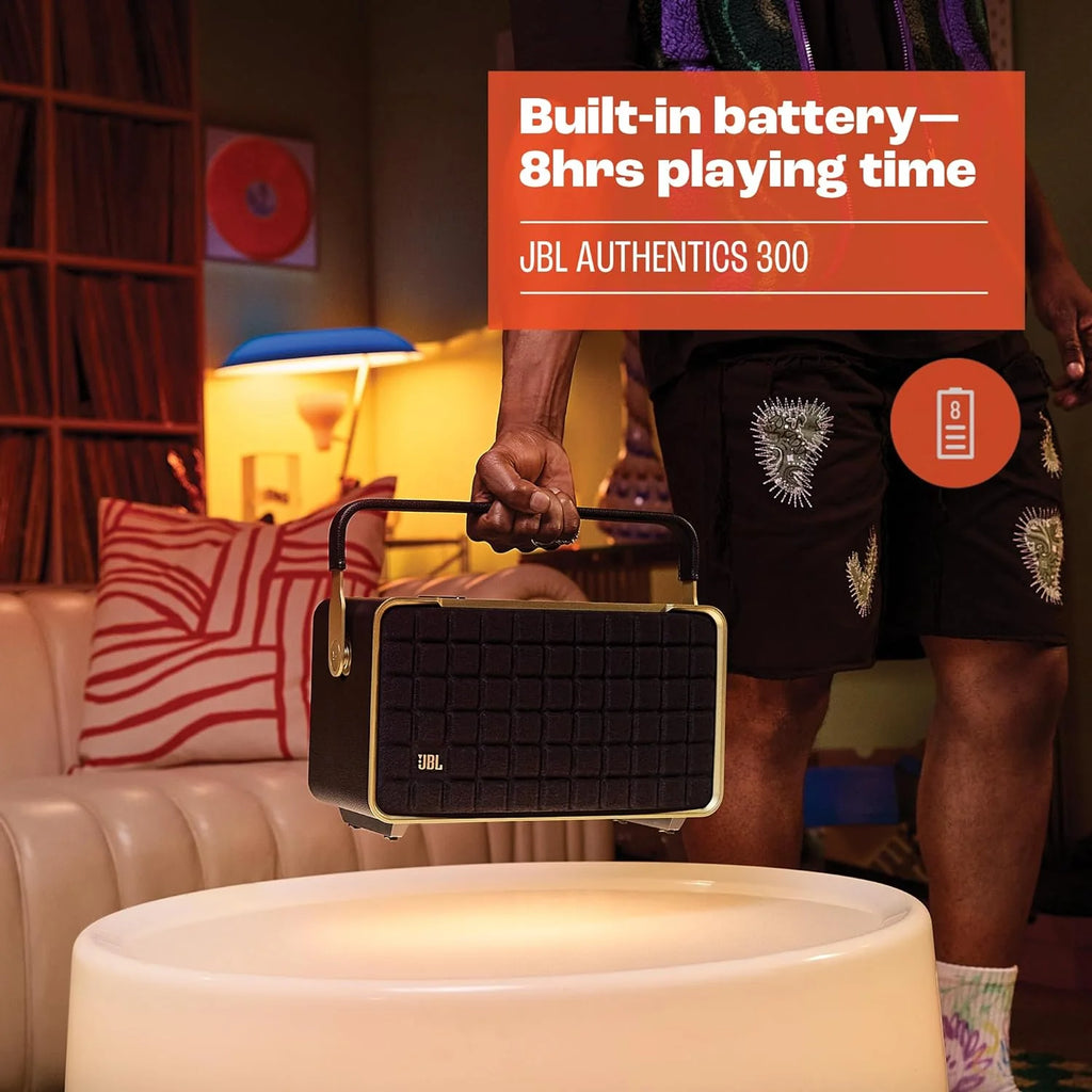JBL Authentics 300, Głośnik Bezprzewodowy, 8h Odtwarzania, z Wbudowanym Wi-Fi, Bluetooth, Dźwiękiem Stereo i Mocnym Basem, Kompatybilny z Alexa i Google Home, w Stylu Retro