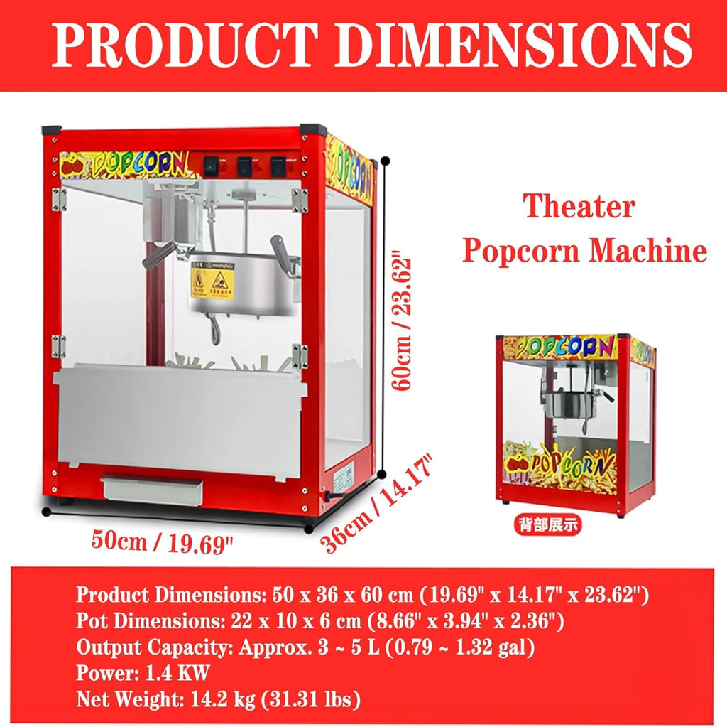 Komercyjna maszyna do popcornu z czajnikiem 10 uncji i podgrzewaną lampką, nablatowa maszyna do popcornu o mocy 1400 W do domu, teatru i firmy, w stylu filmowym z 3-przełącznikami Flat-top