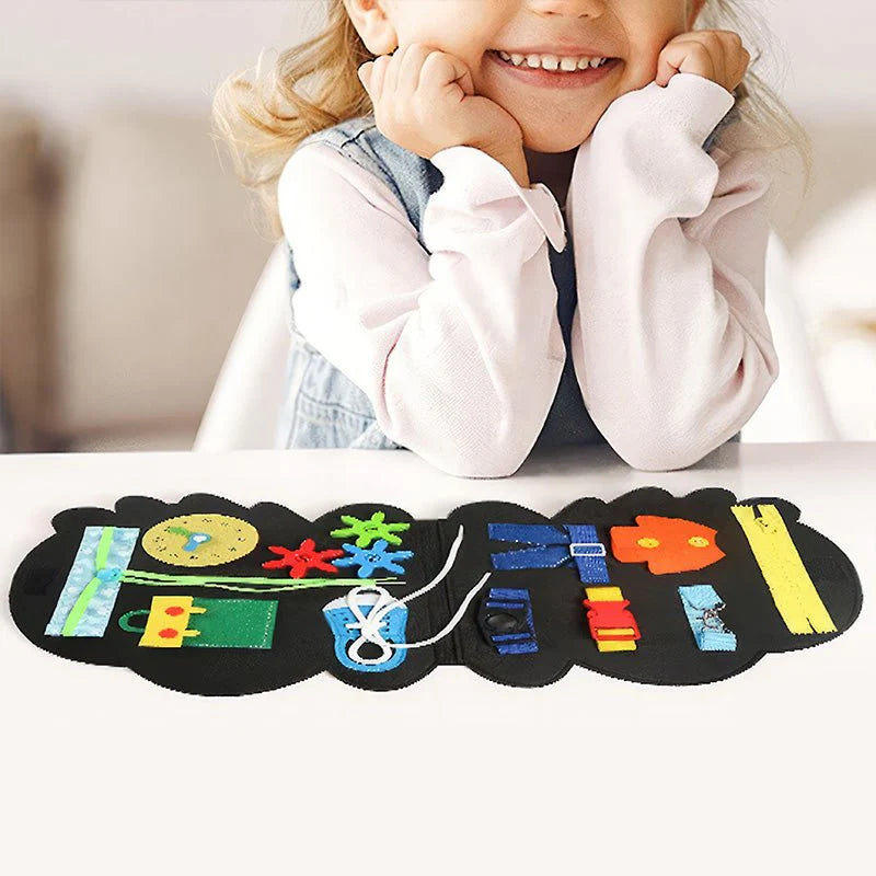 Dinosaur-Themed Sensory Busy Board with Gears, Zippers & Buttons