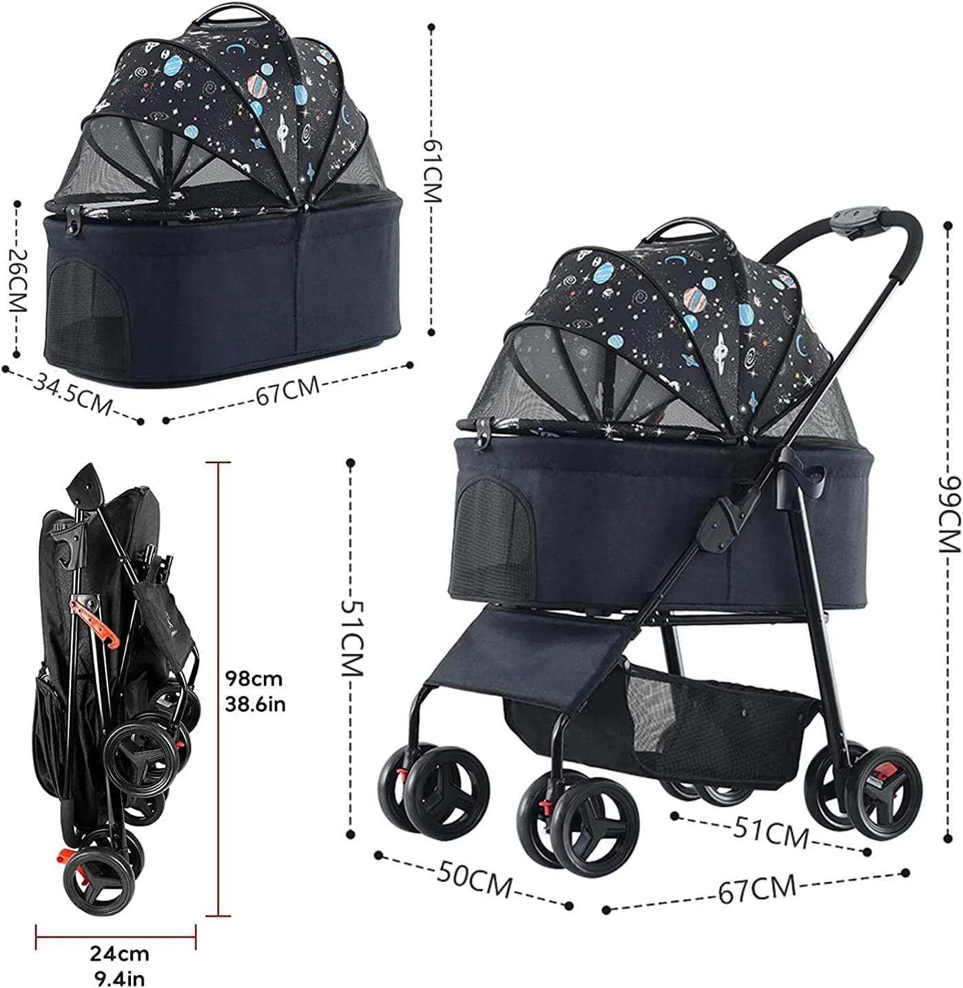 Wózek dla zwierząt Premium Pet Stroller Cat Dog Wózki dla średnich psów, 3 w 1 składany wózek dla kota (czerwony)
