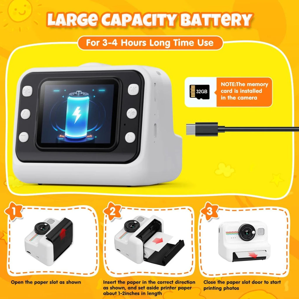 Instant Print Kids Camera with 1080P Video, Filters, 32GB Card & Paper