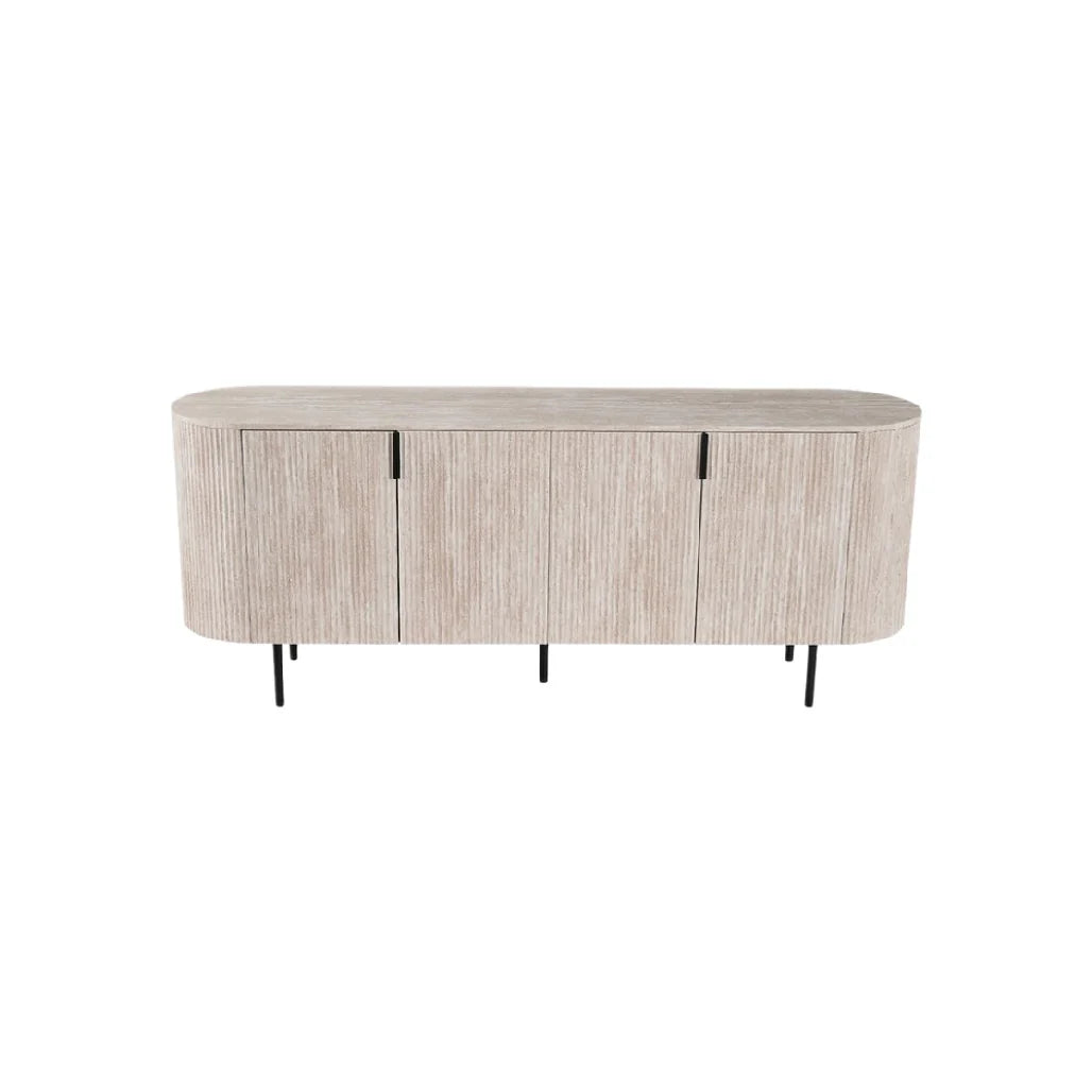 Stół konsolowy z drewna, nowoczesny design, owalny kształt, szafki z przęsłami.